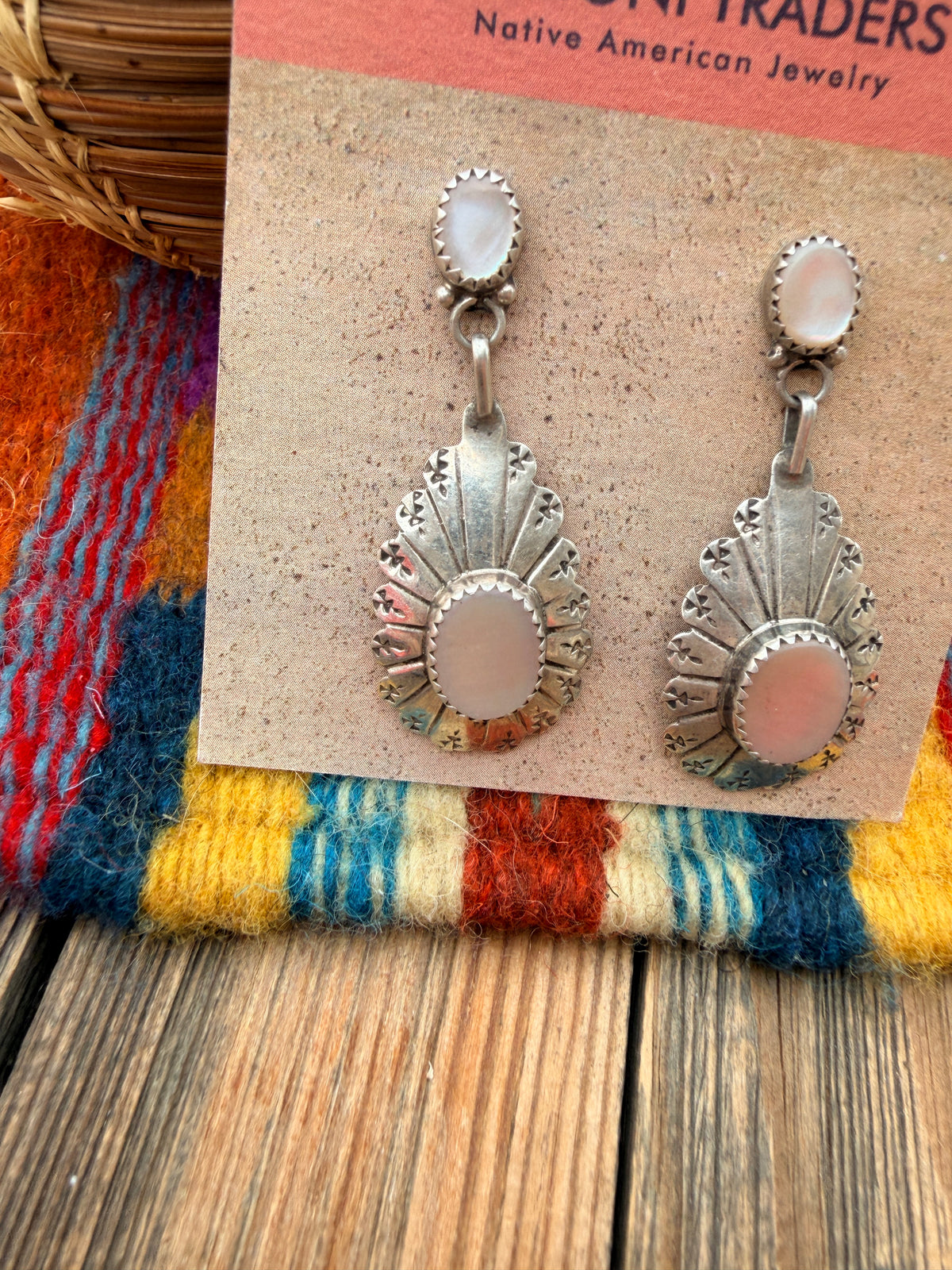Handcrafted Old Pawn Sterling Silver & Mother of Pearl Dangle Earrings