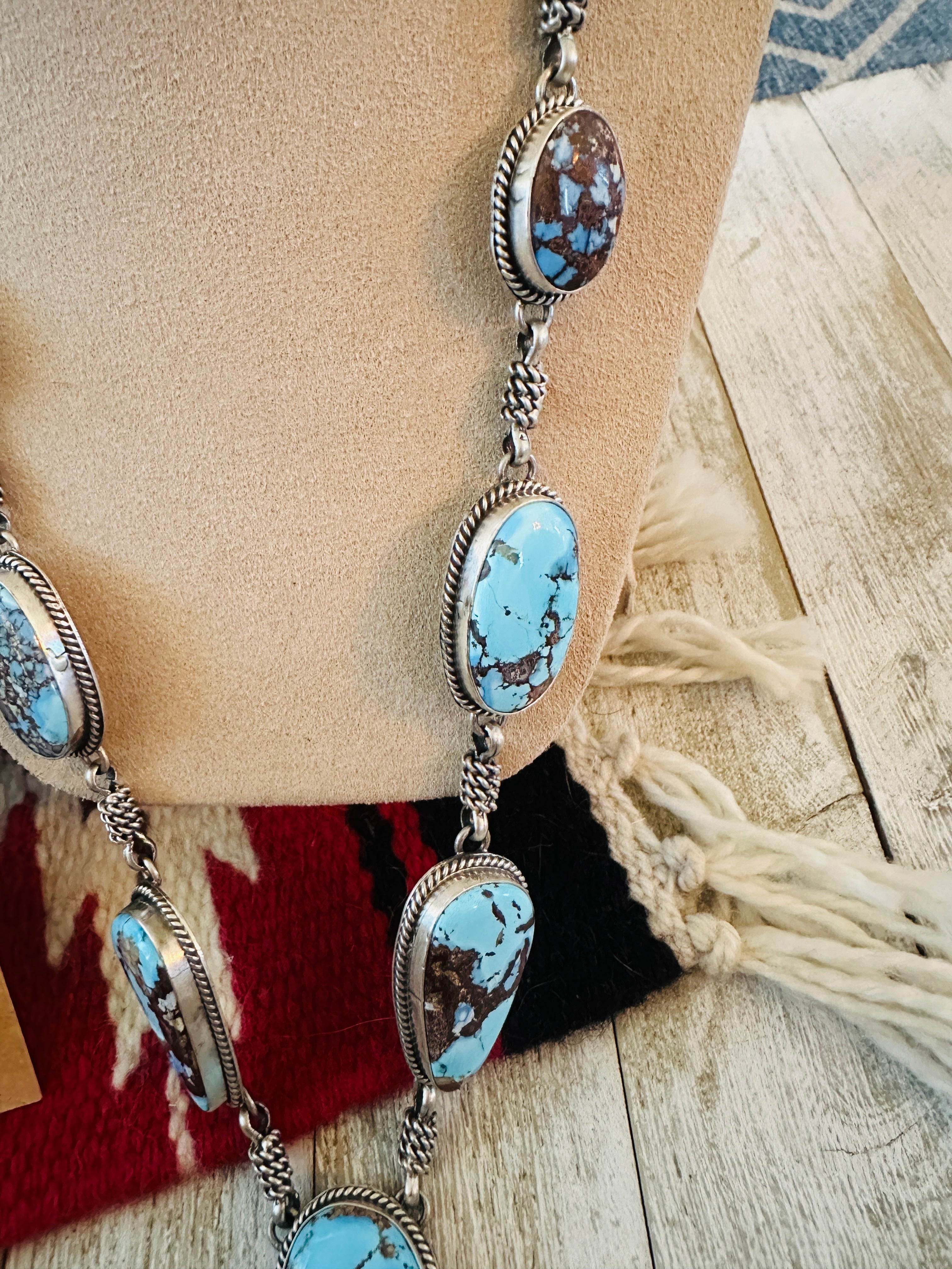 Handcrafted Golden Hills Turquoise & Sterling Silver Squash Blossom Necklace Set by Patrick Yazzie