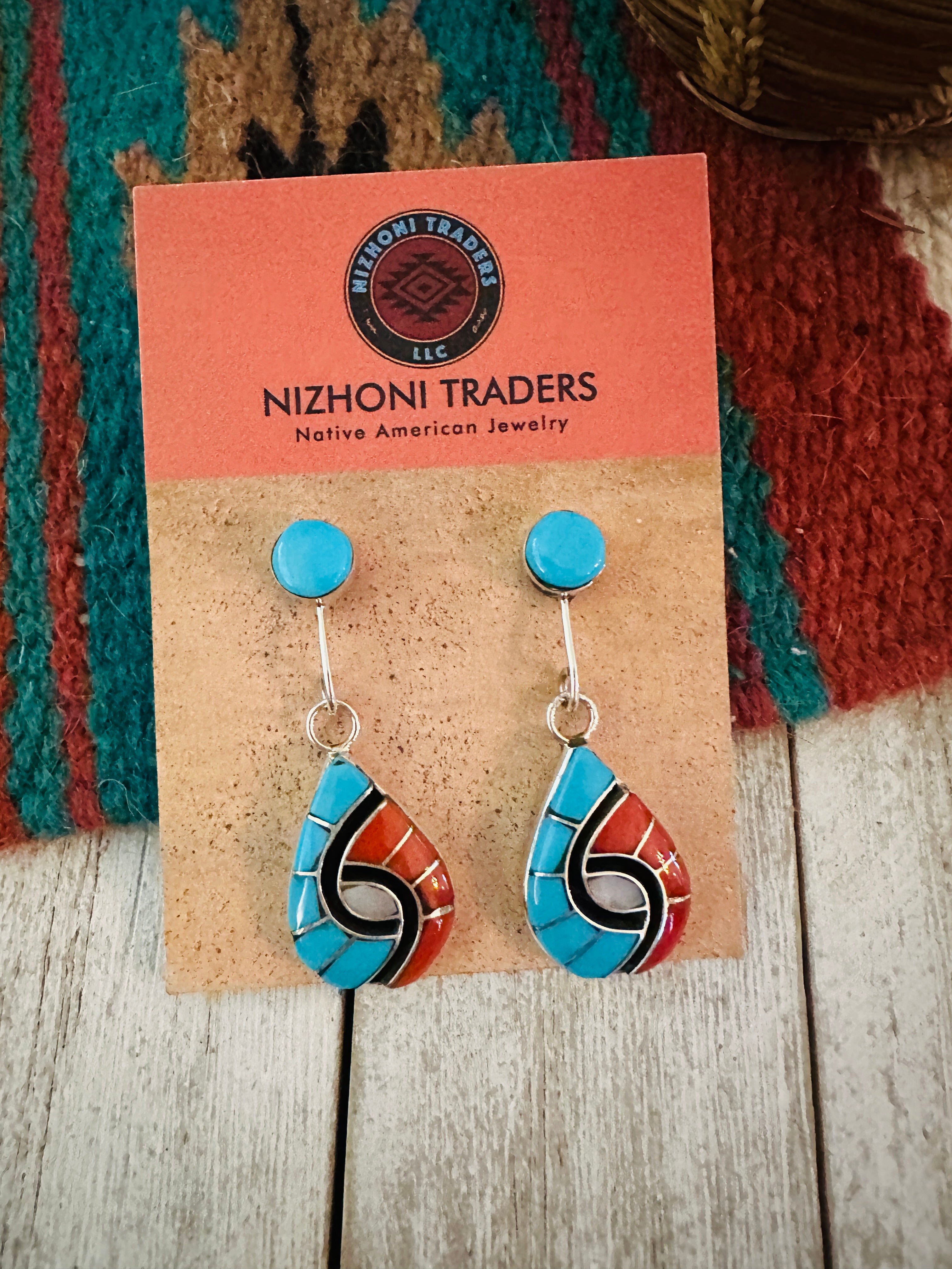Zuni Multi Stone & Sterling Silver Inlay Dangle Earrings