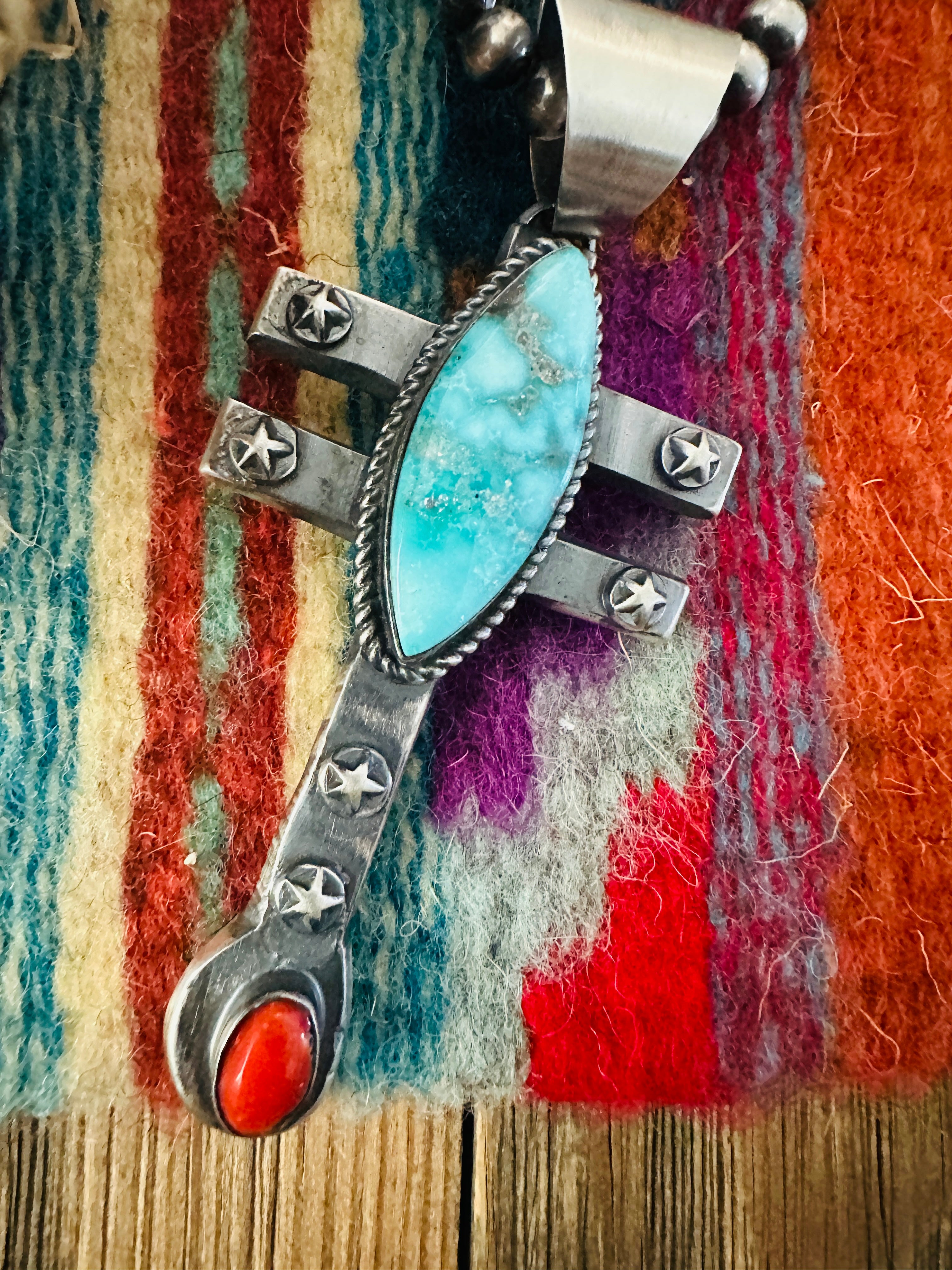 Handcrafted Sterling Silver, Turquoise & Coral Dragonfly Pendant by Chimney Butte