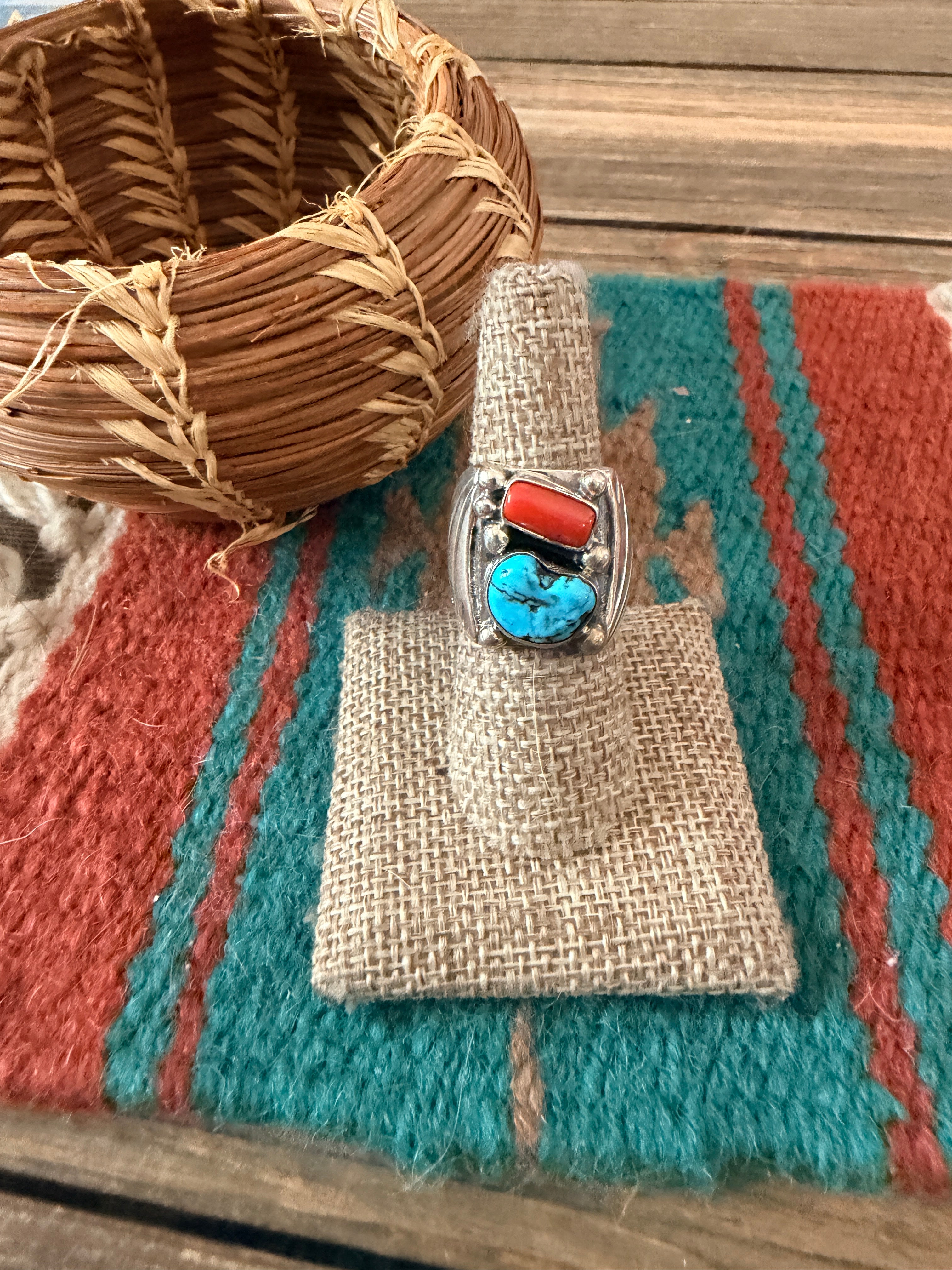 Handcrafted Turquoise, Coral & Sterling Silver Ring