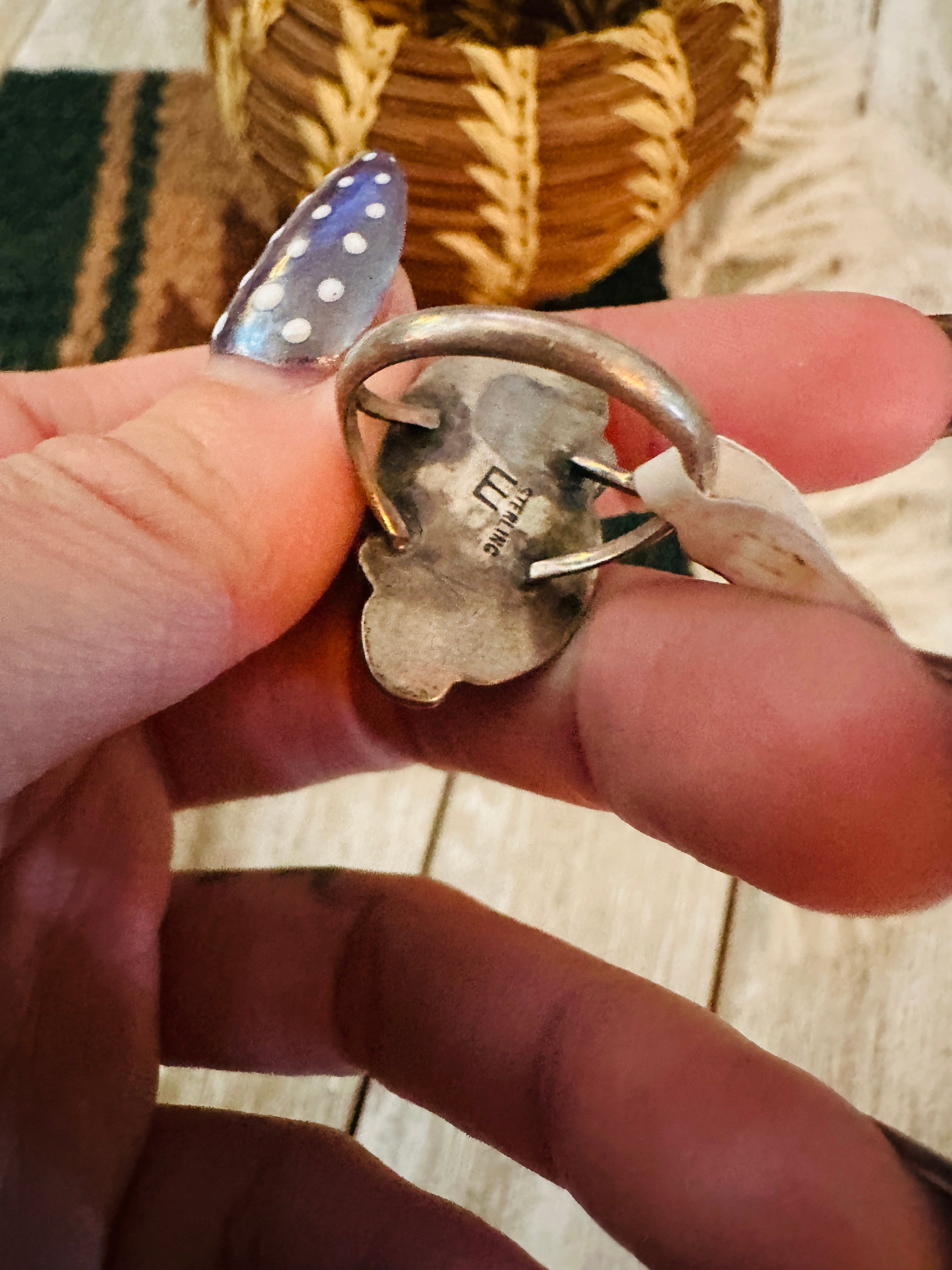 Old Pawn Handcrafted Turquoise, Coral & Sterling Silver Ring Size 7