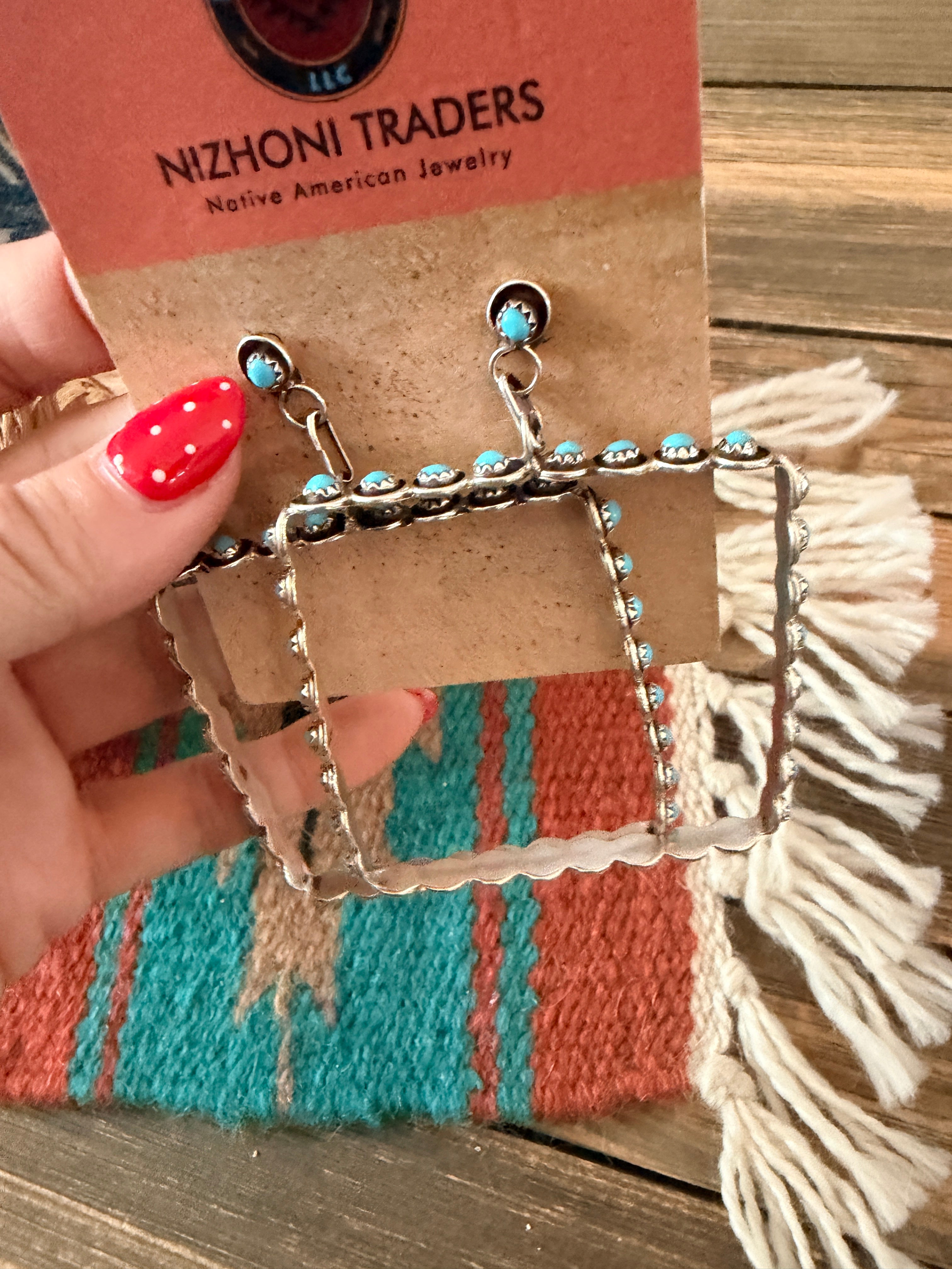Handcrafted Turquoise & Sterling Silver Snake Eye Dangle Hoop Earrings