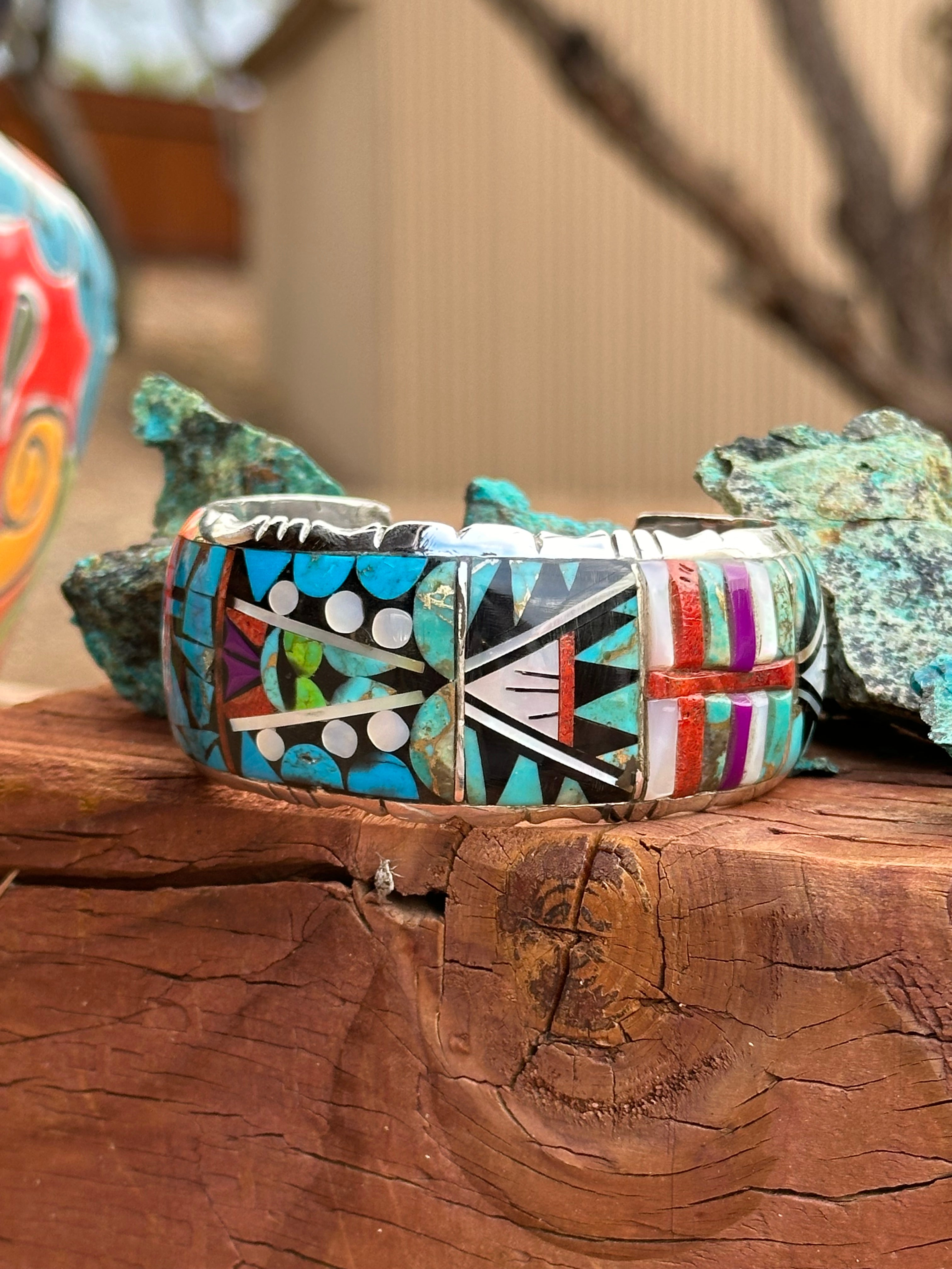 Handmade Sterling Silver Multi Stone Mosaic Inlay Cuff