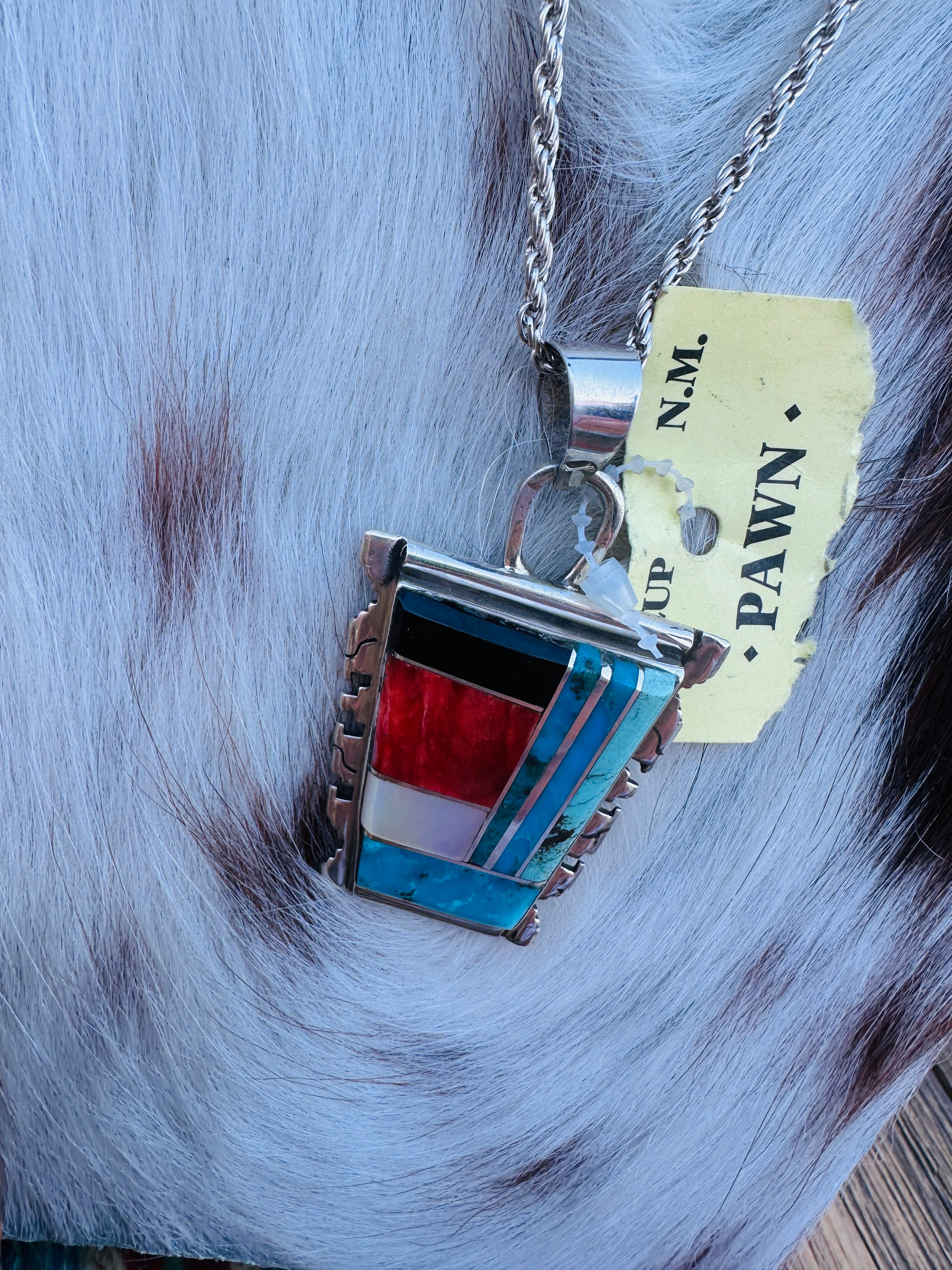 Old Pawn Handcrafted Sterling Silver and Multi Stone Inlay Necklace