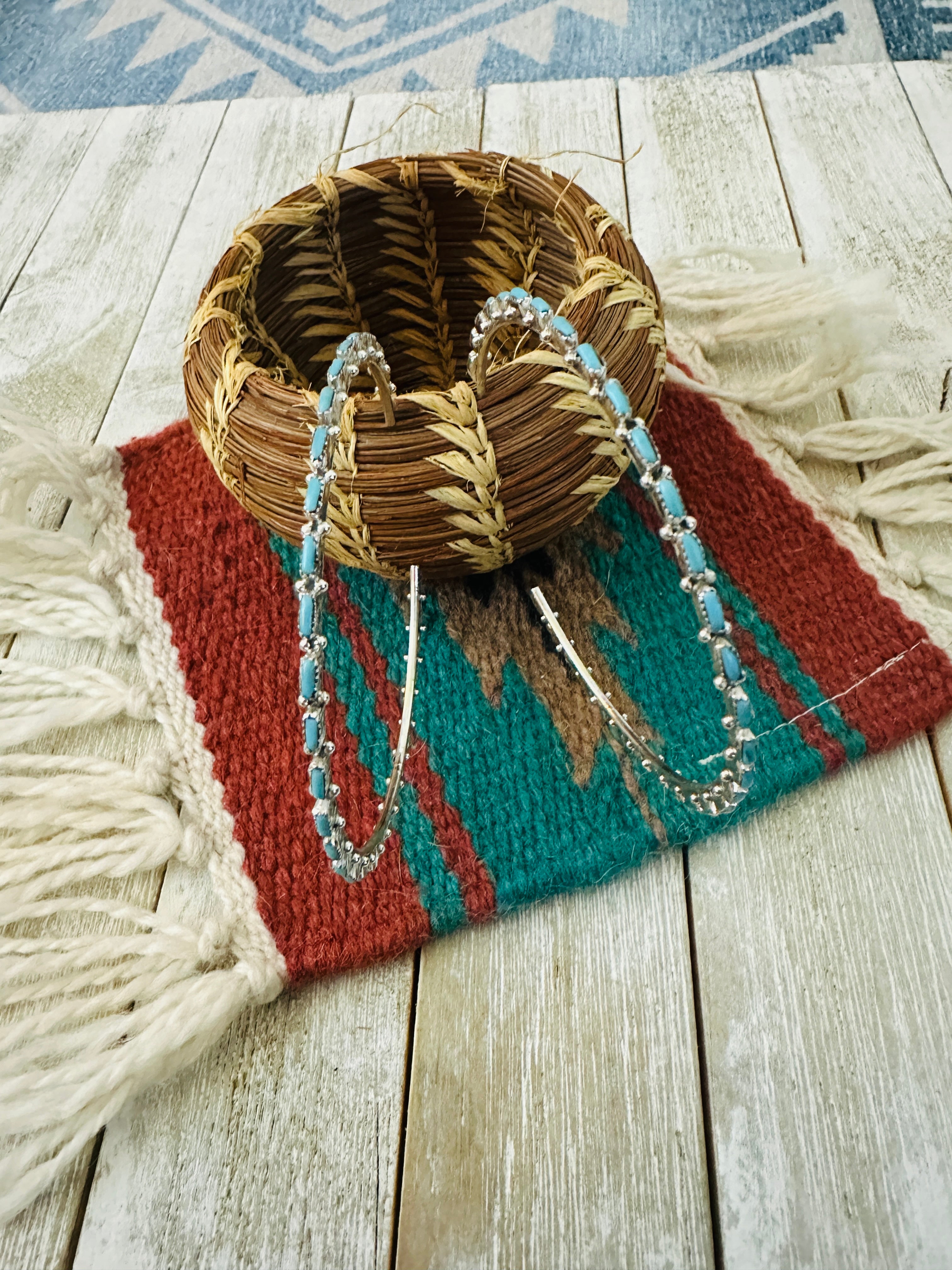 Handcrafted Turquoise & Sterling Silver Needlepoint Hoop Earrings