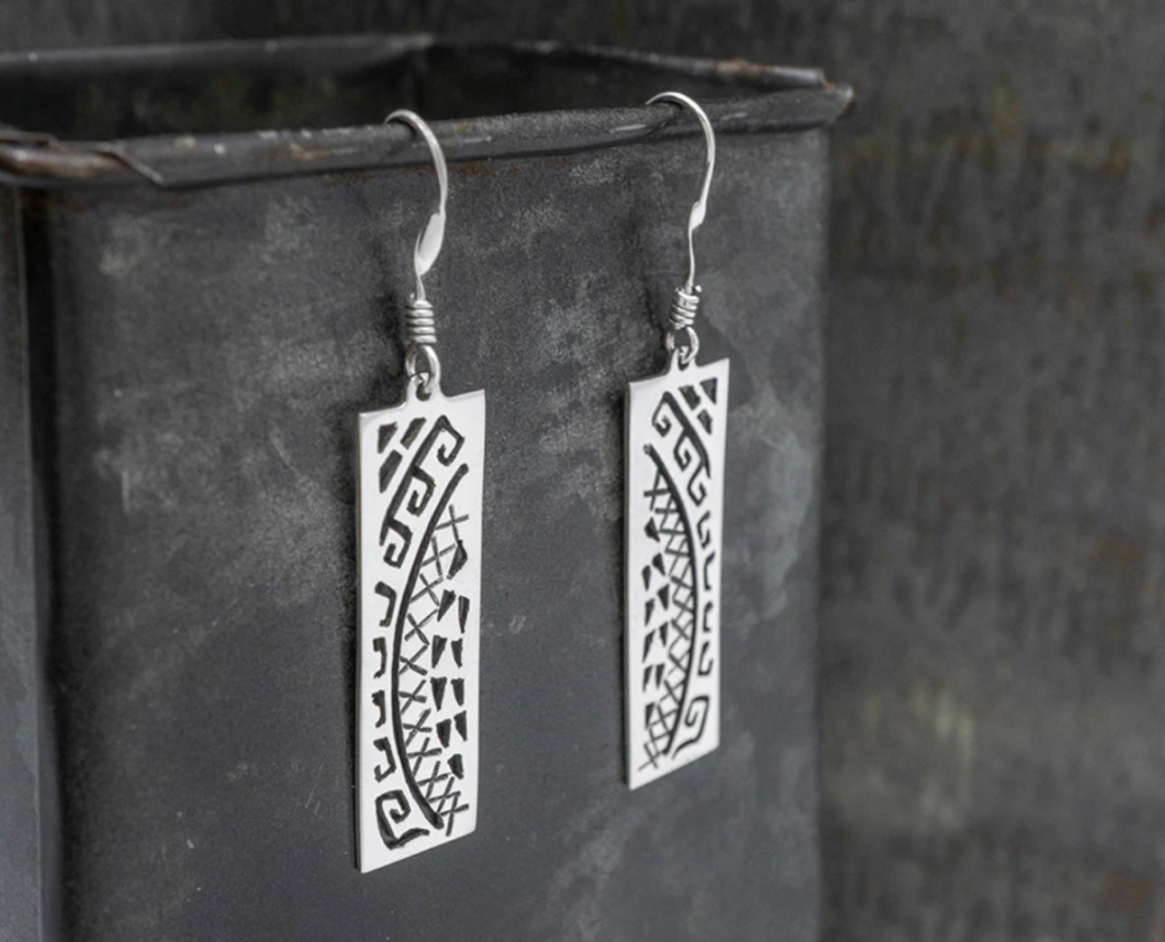 Tribal Patterned Rectangle Earrings on Hook
