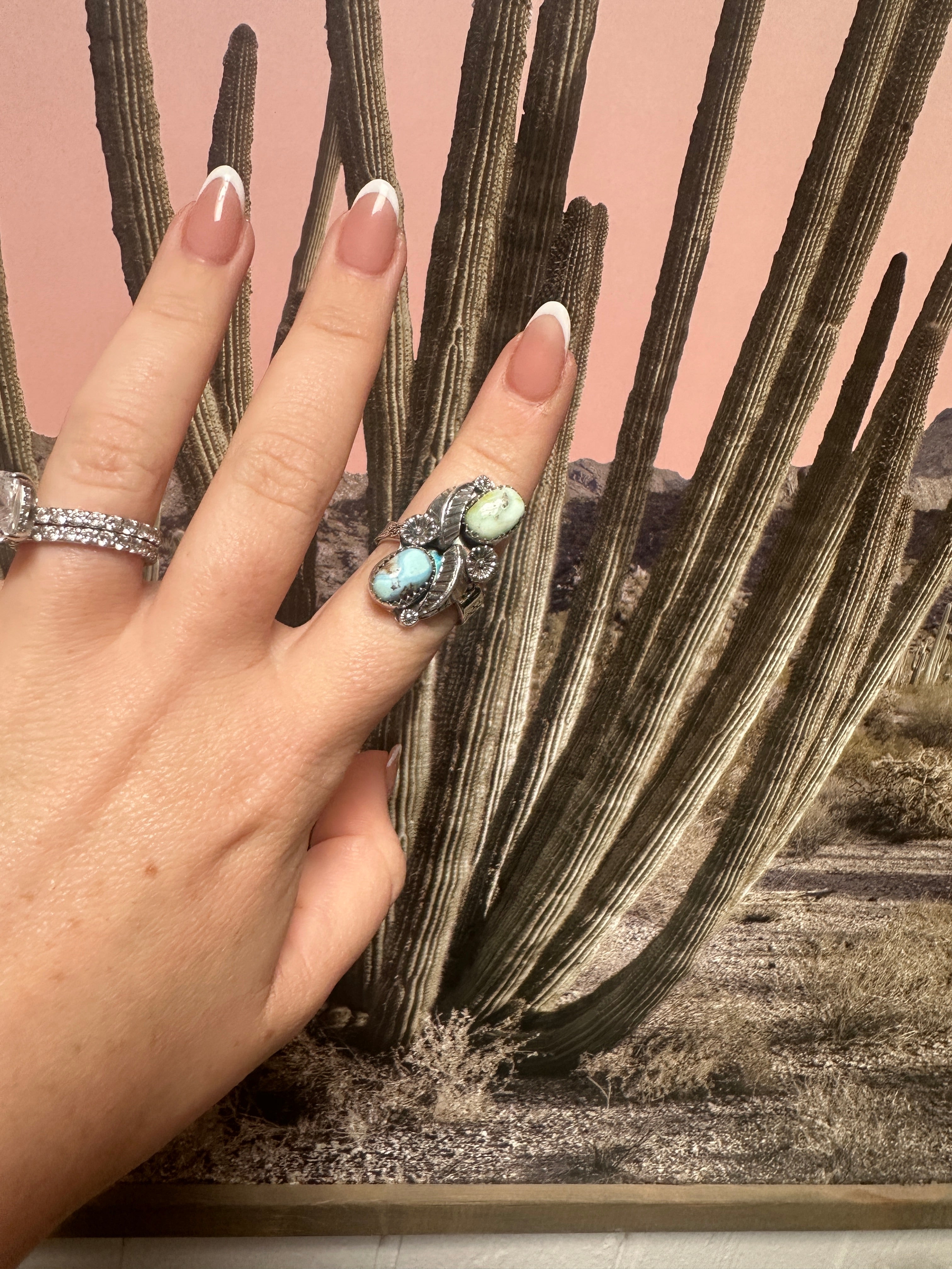 Beautiful Handmade Palomino Turquoise And Sterling Silver Adjustable 2 Stone Flower Leaf Ring