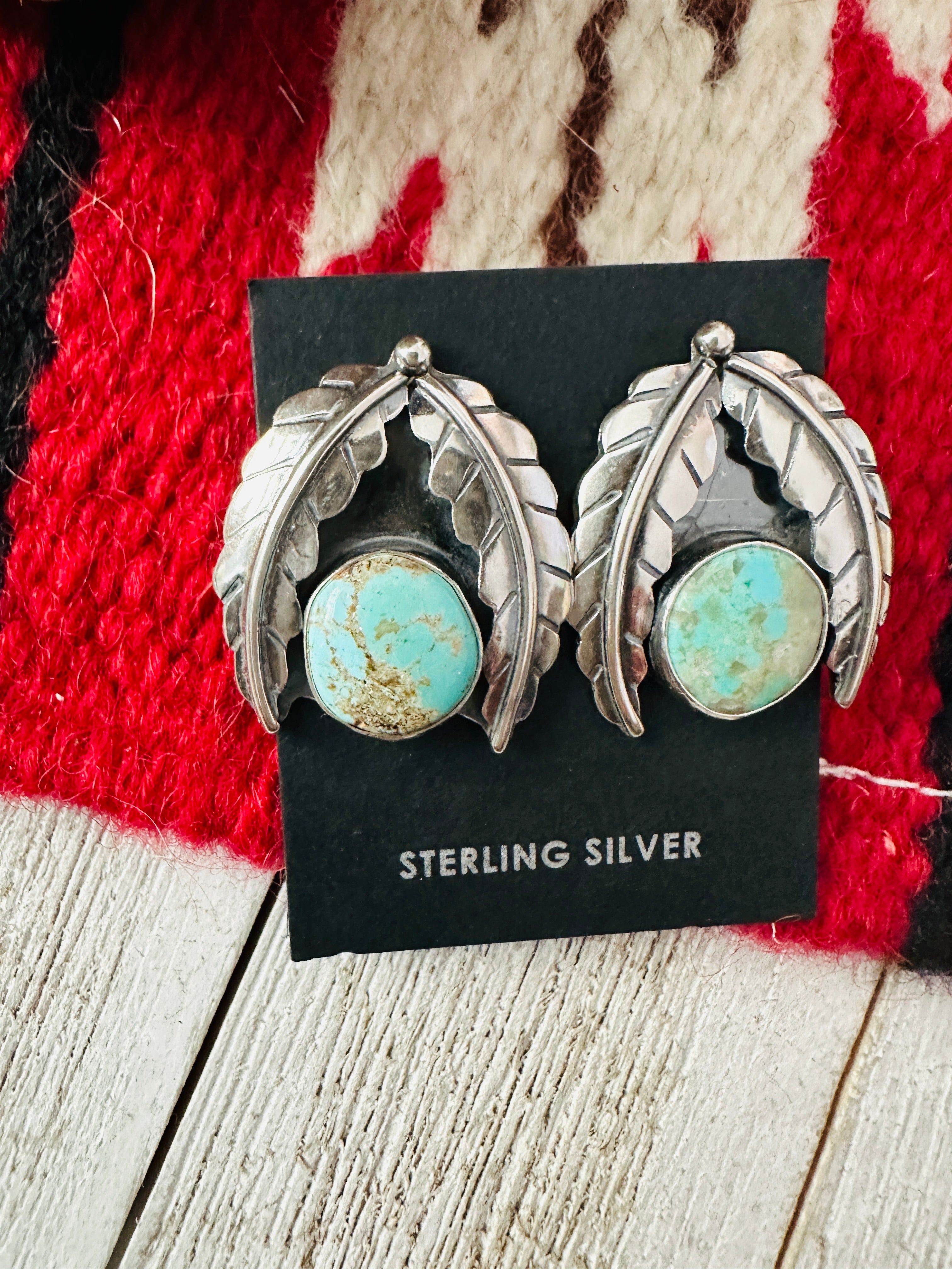 Handcrafted Number 8 Turquoise & Sterling Silver Leaf Post Earrings