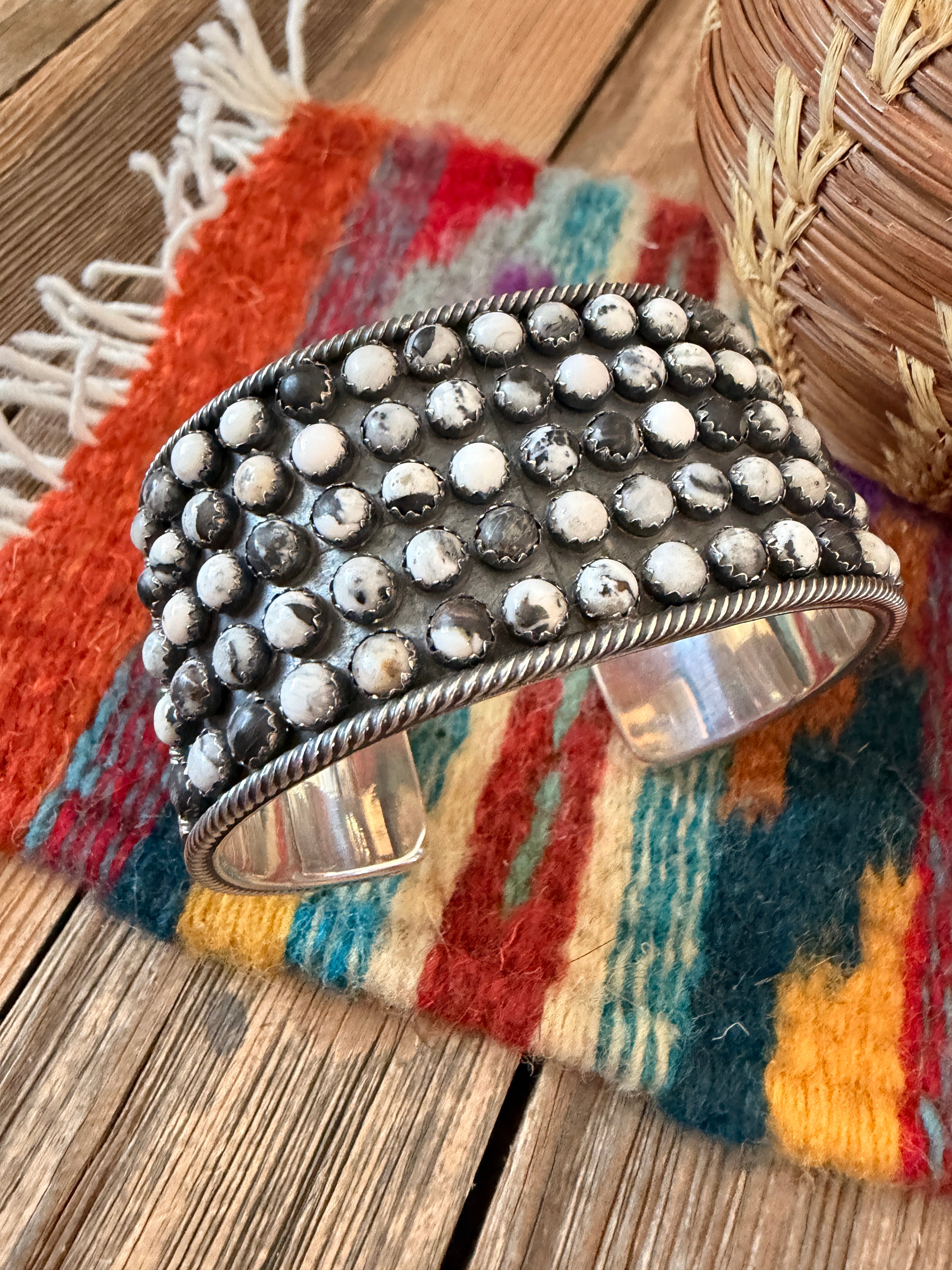 Handcrafted White Buffalo & Sterling Silver Cluster Cuff Bracelet by Paul Livingston