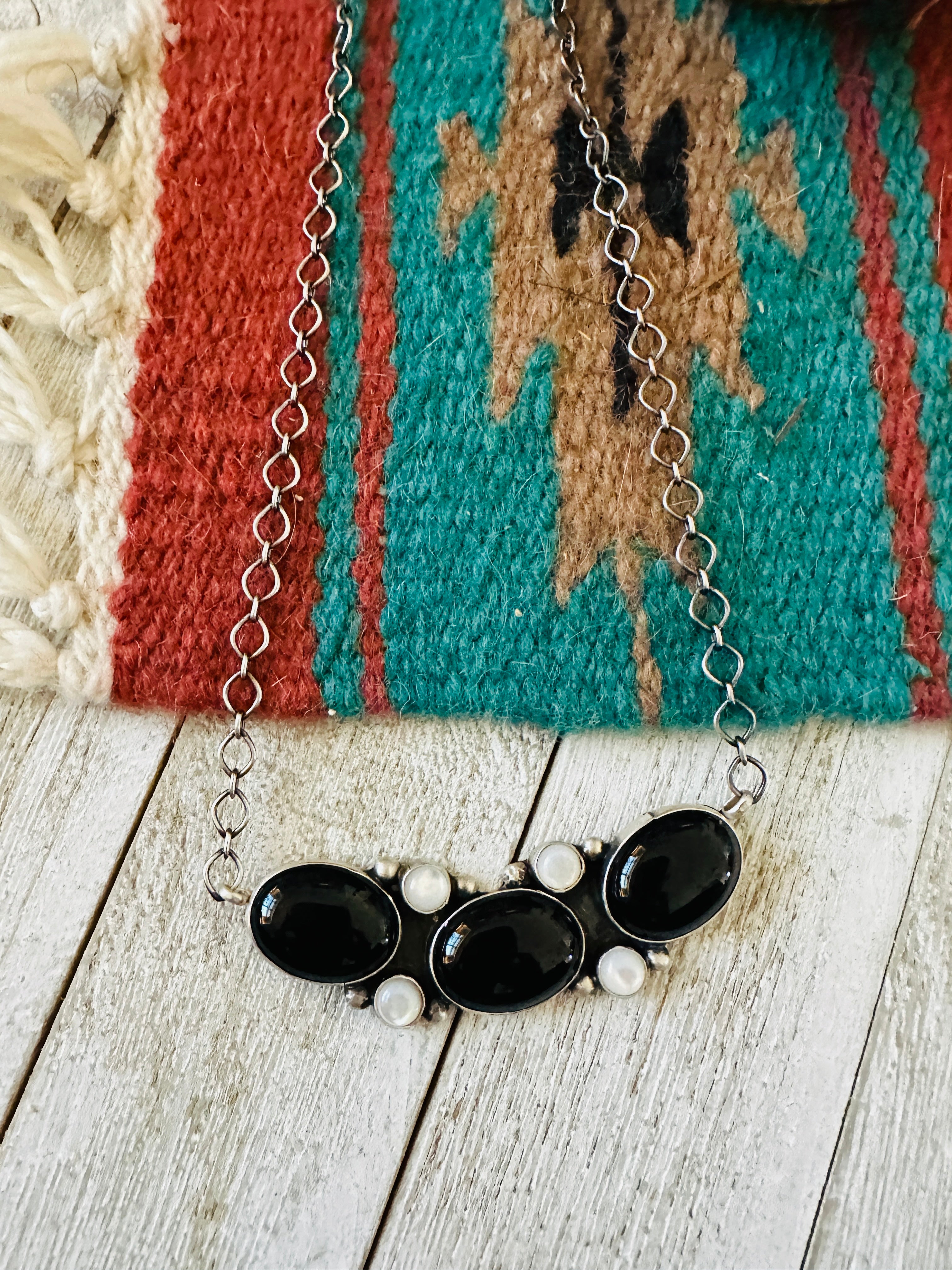 Handcrafted Black Onyx, Mother of Pearl & Sterling Silver Necklace