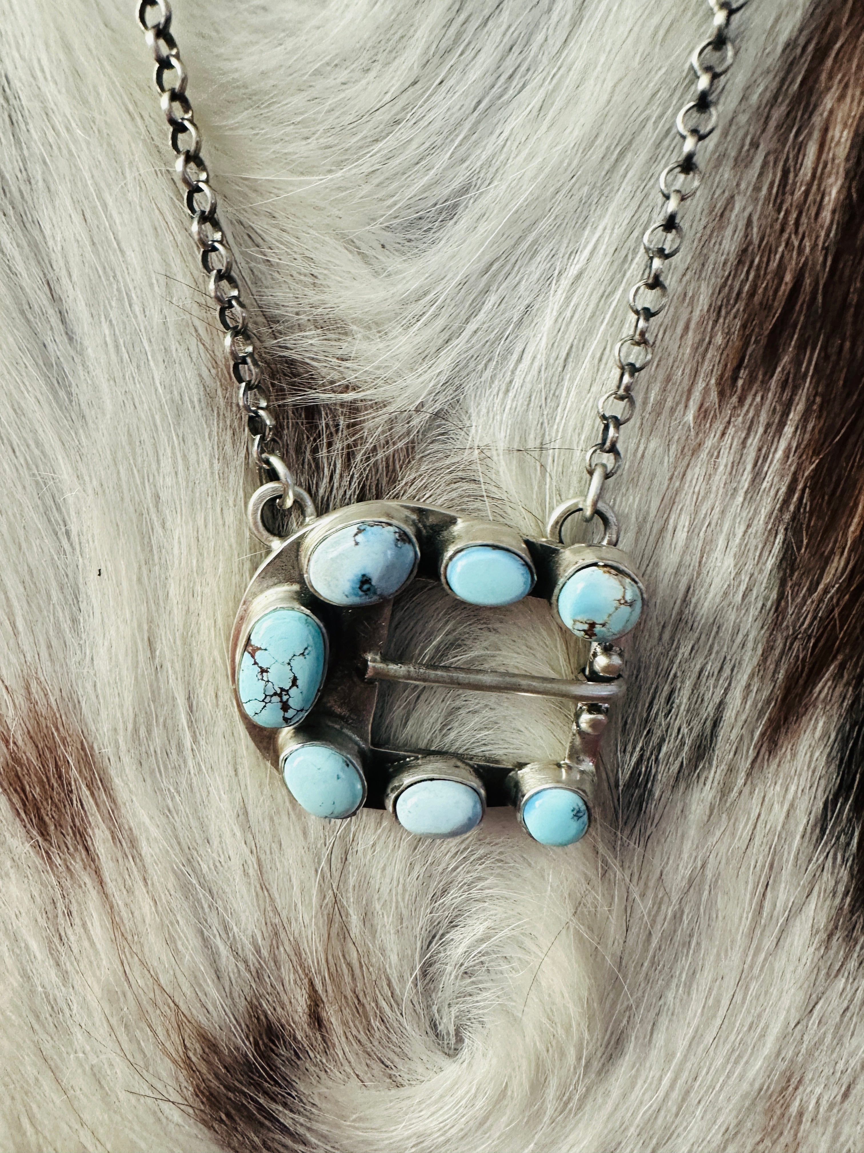 Handcrafted Golden Hills Turquoise & Sterling Silver Belt Buckle Necklace by Russell Sam