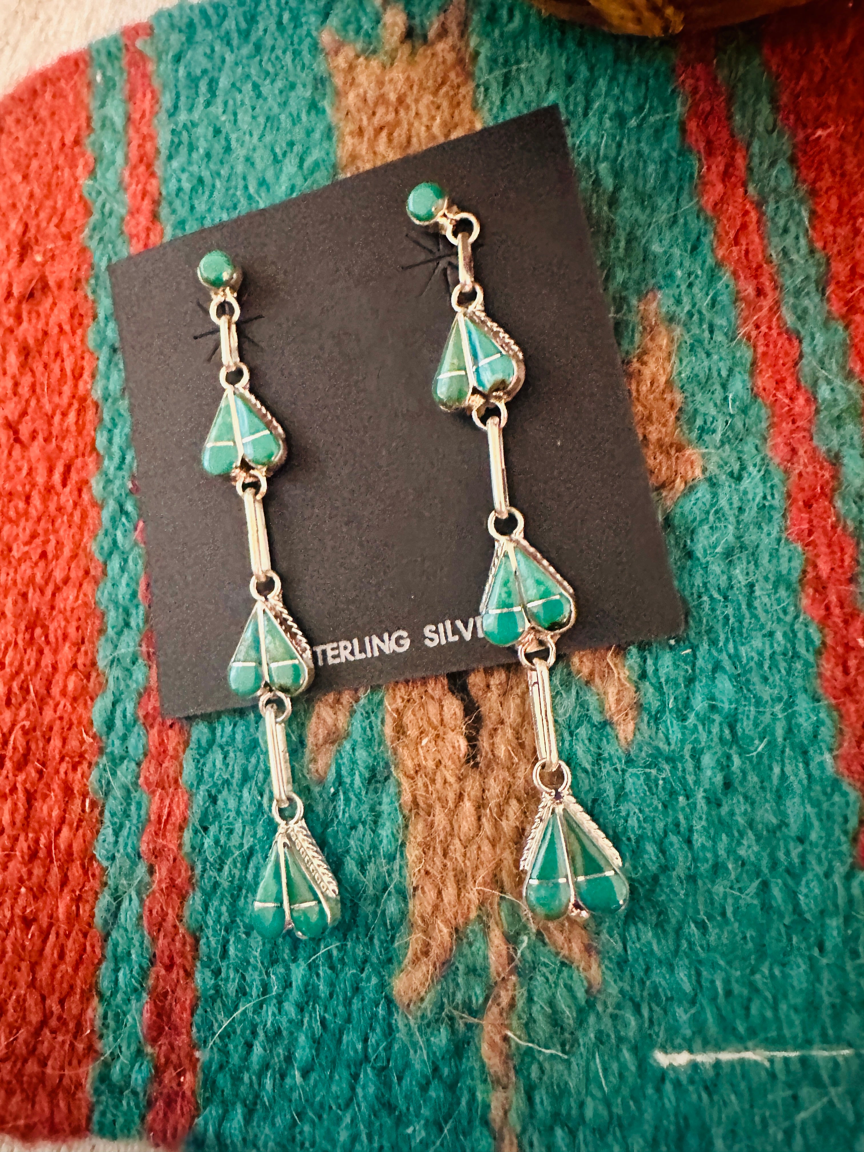 Handcrafted Sterling Silver & Turquoise Inlay Heart Dangle Earrings