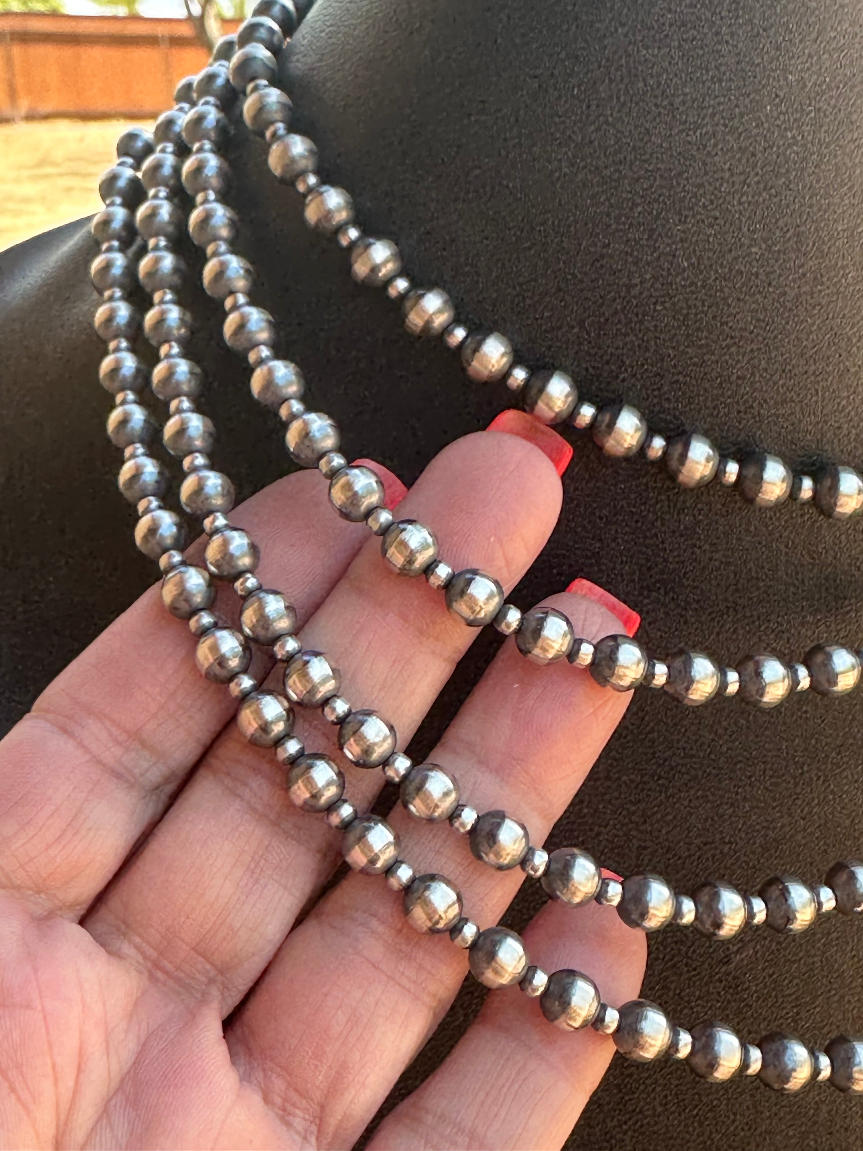 Handcrafted Patterned Pearl Style 3-6mm Sterling Silver Beaded Necklaces