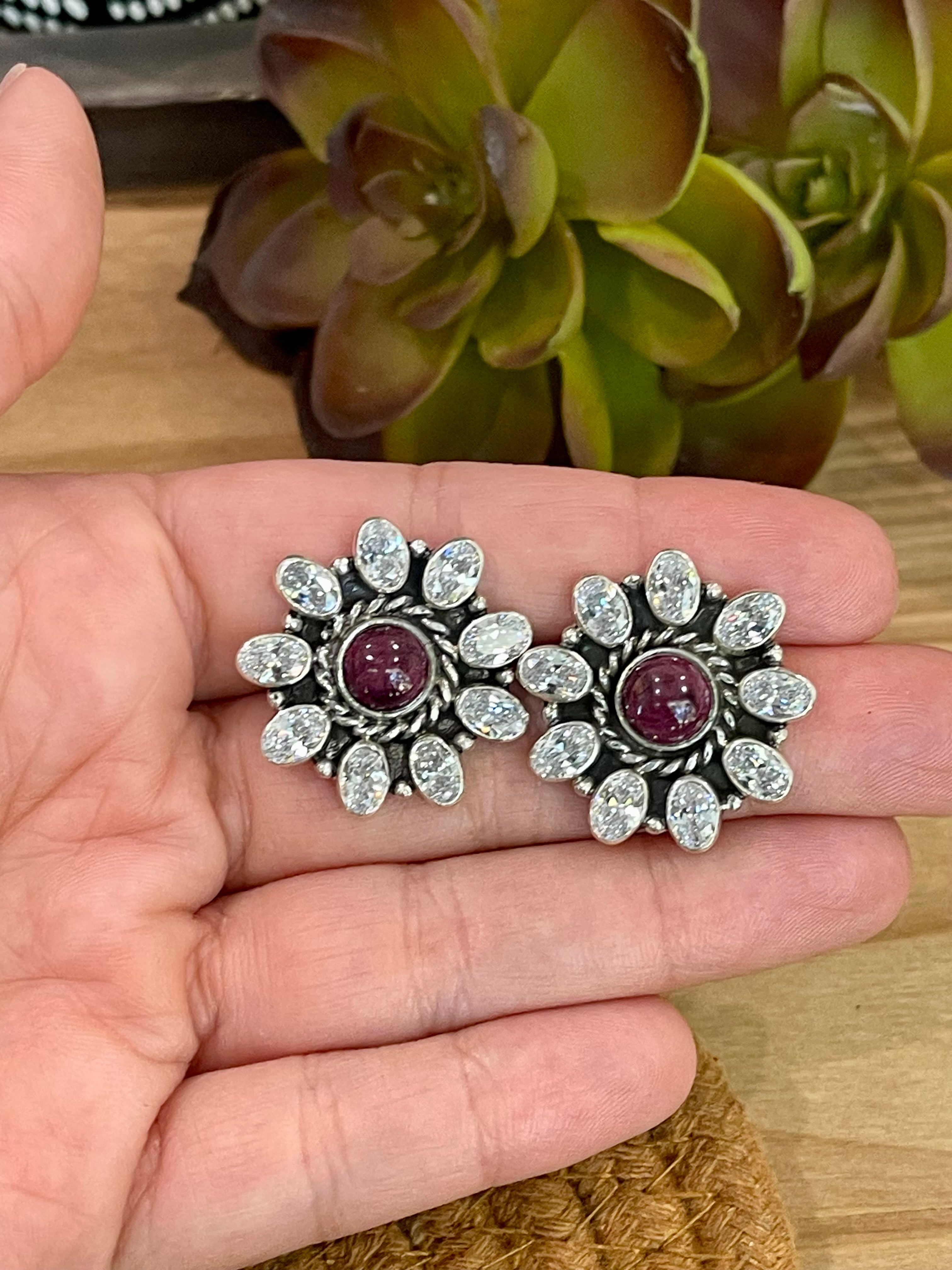 Handmade Sterling Silver, Purple Spiny & Cubic Zirconia Necklace And Earrings Set Signed Nizhoni