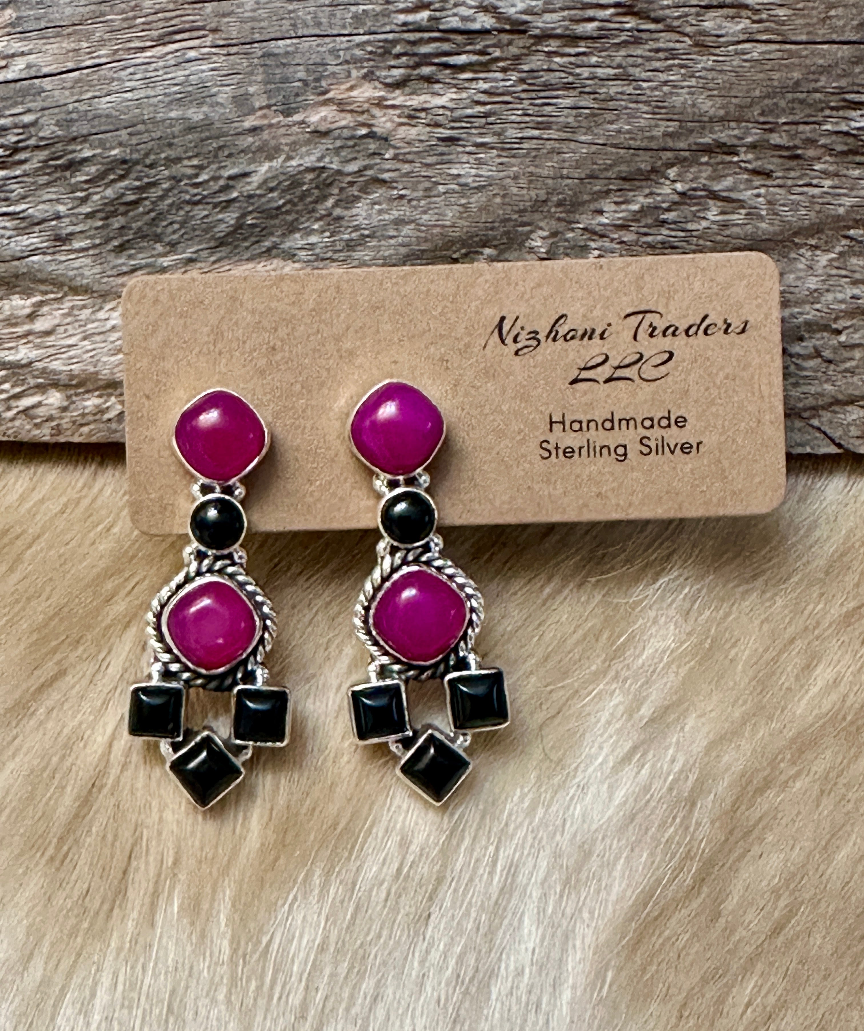 Handmade Pink & Black Onyx Sterling Silver Post Earrings