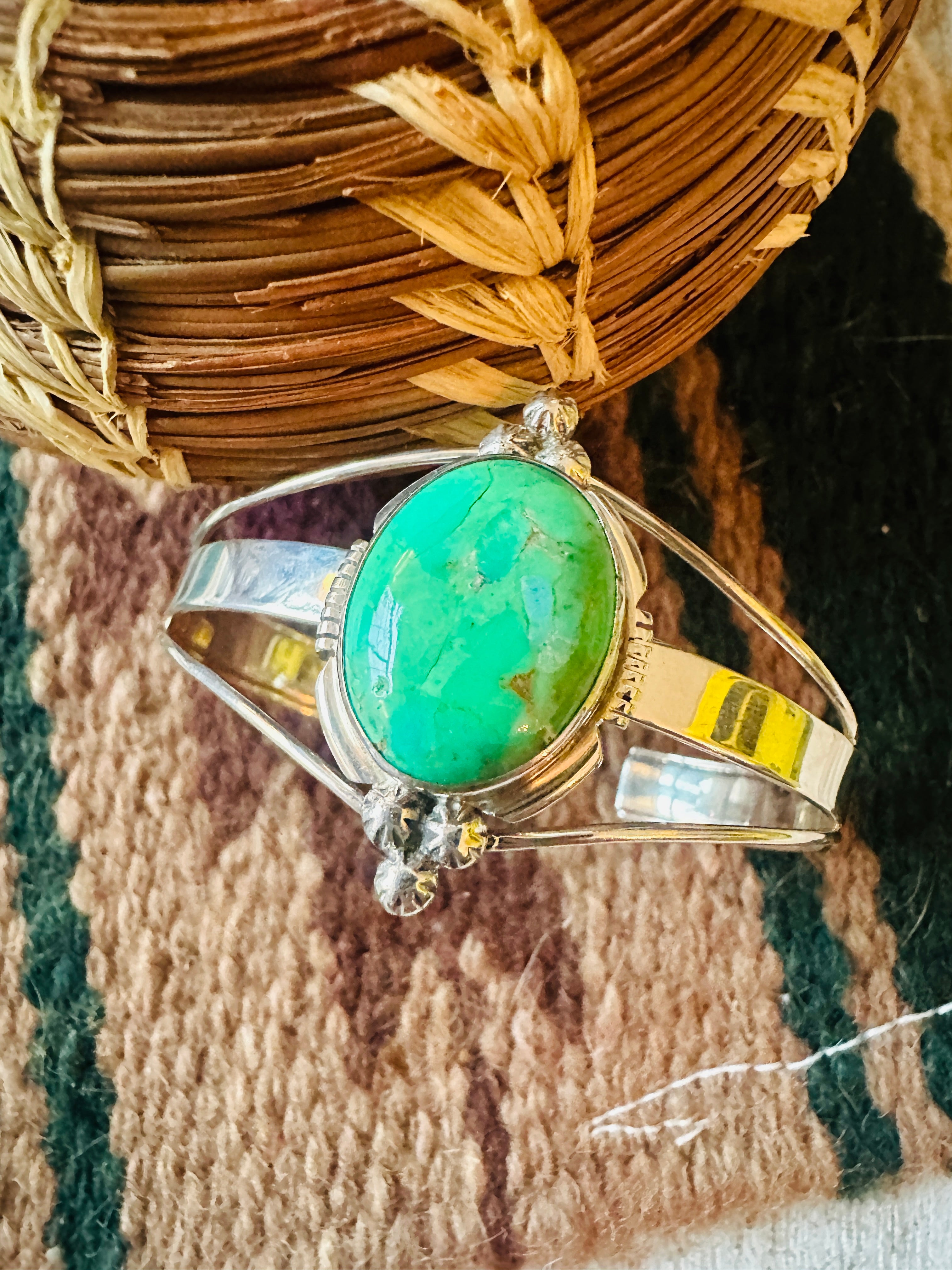 Handcrafted Green Kingman Turquoise & Sterling Silver Cuff Bracelet