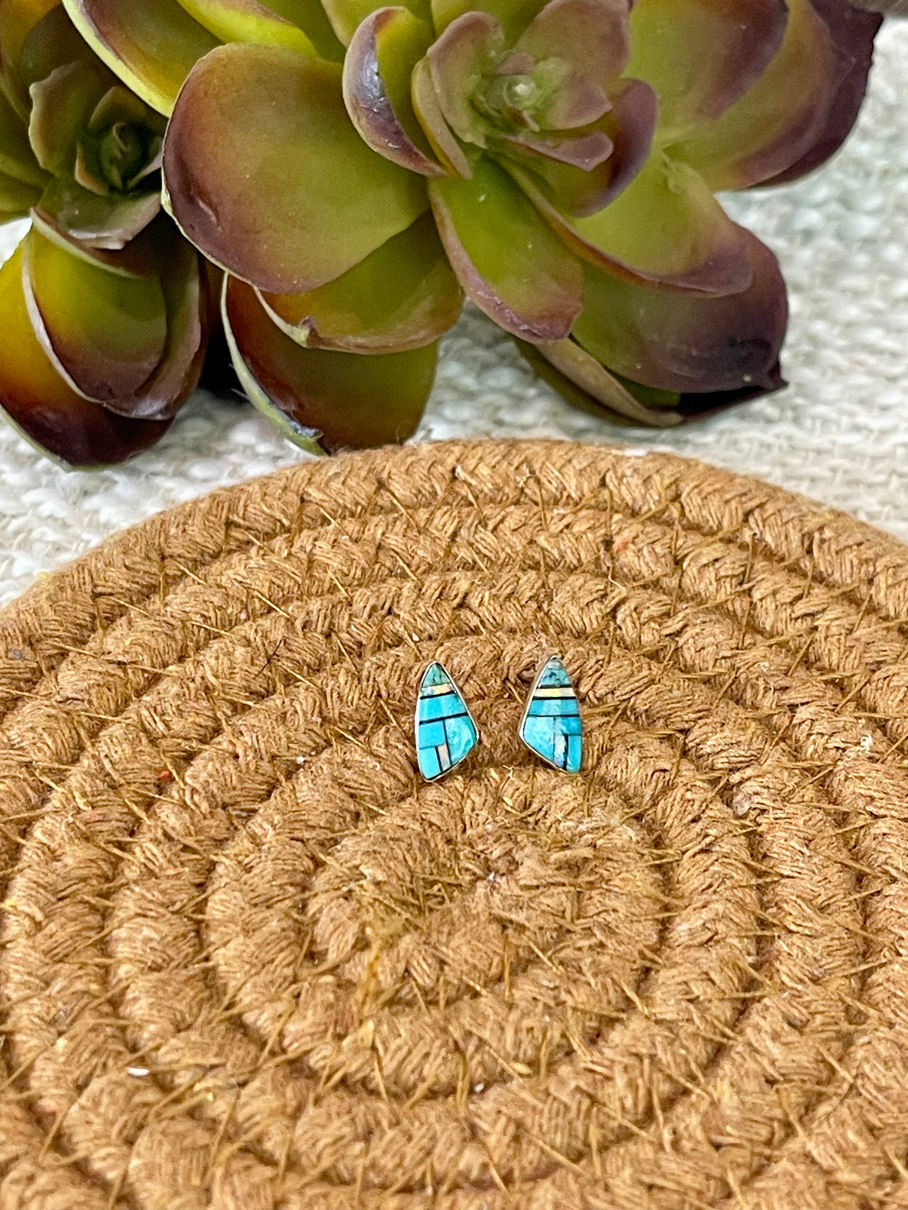 Beautiful Handmade Sterling Silver & Turquoise Inlay Stud Earrings