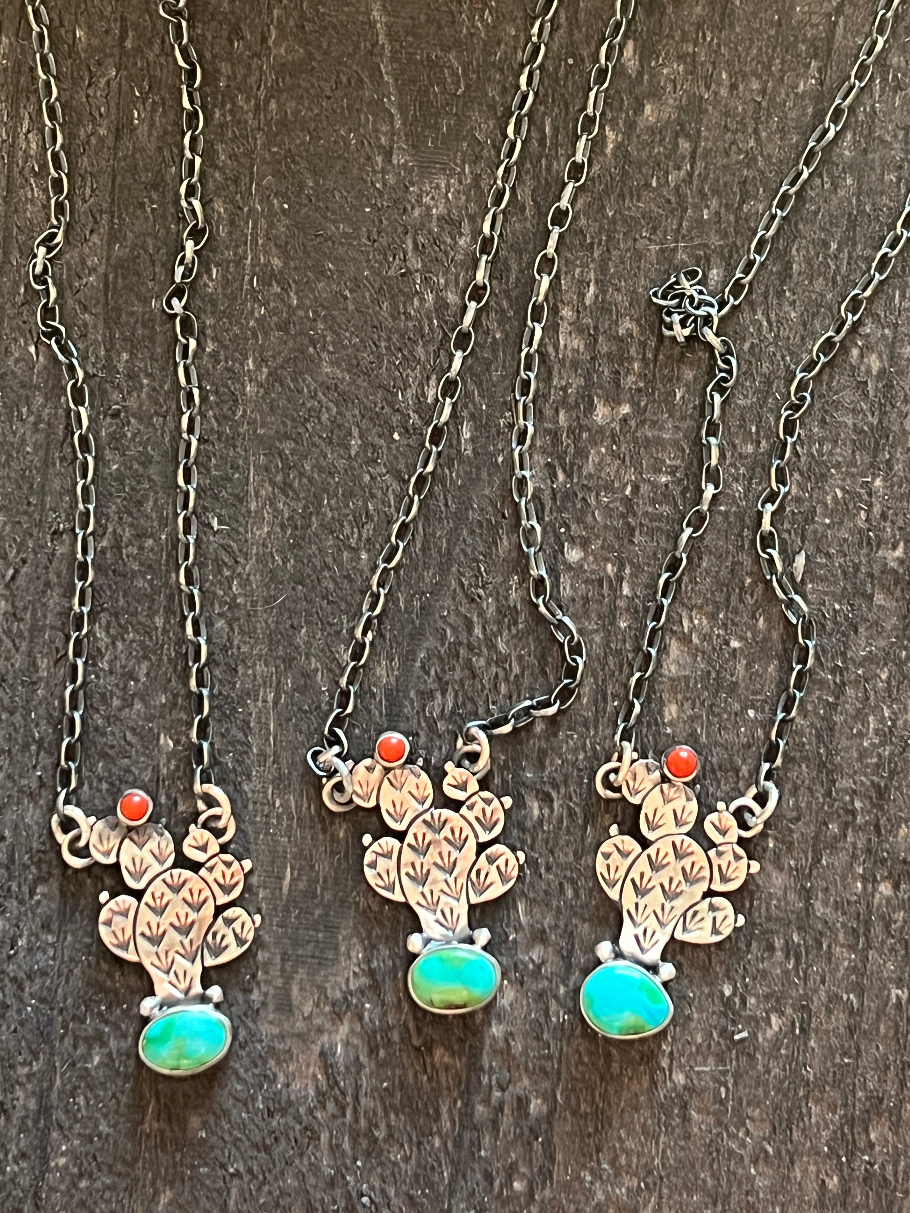 Handcrafted Petite Sterling Silver, Turquoise and Coral Cactus Link Chain Necklace, 16” + 1.5”