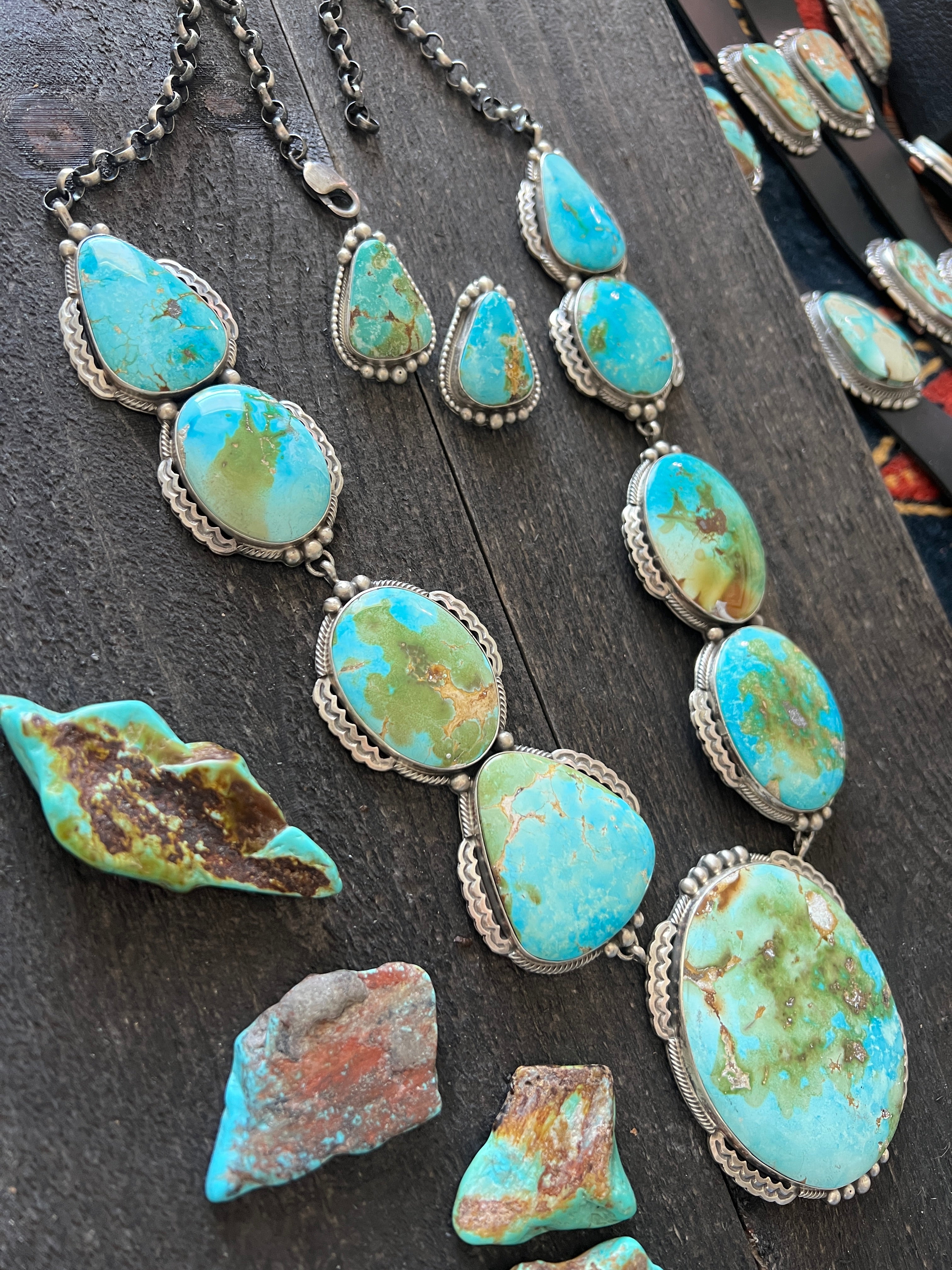 Massive Navajo Sterling Silver and Sonoran Mountain Turquoise Statement Necklace with Earrings by Talila Benally
