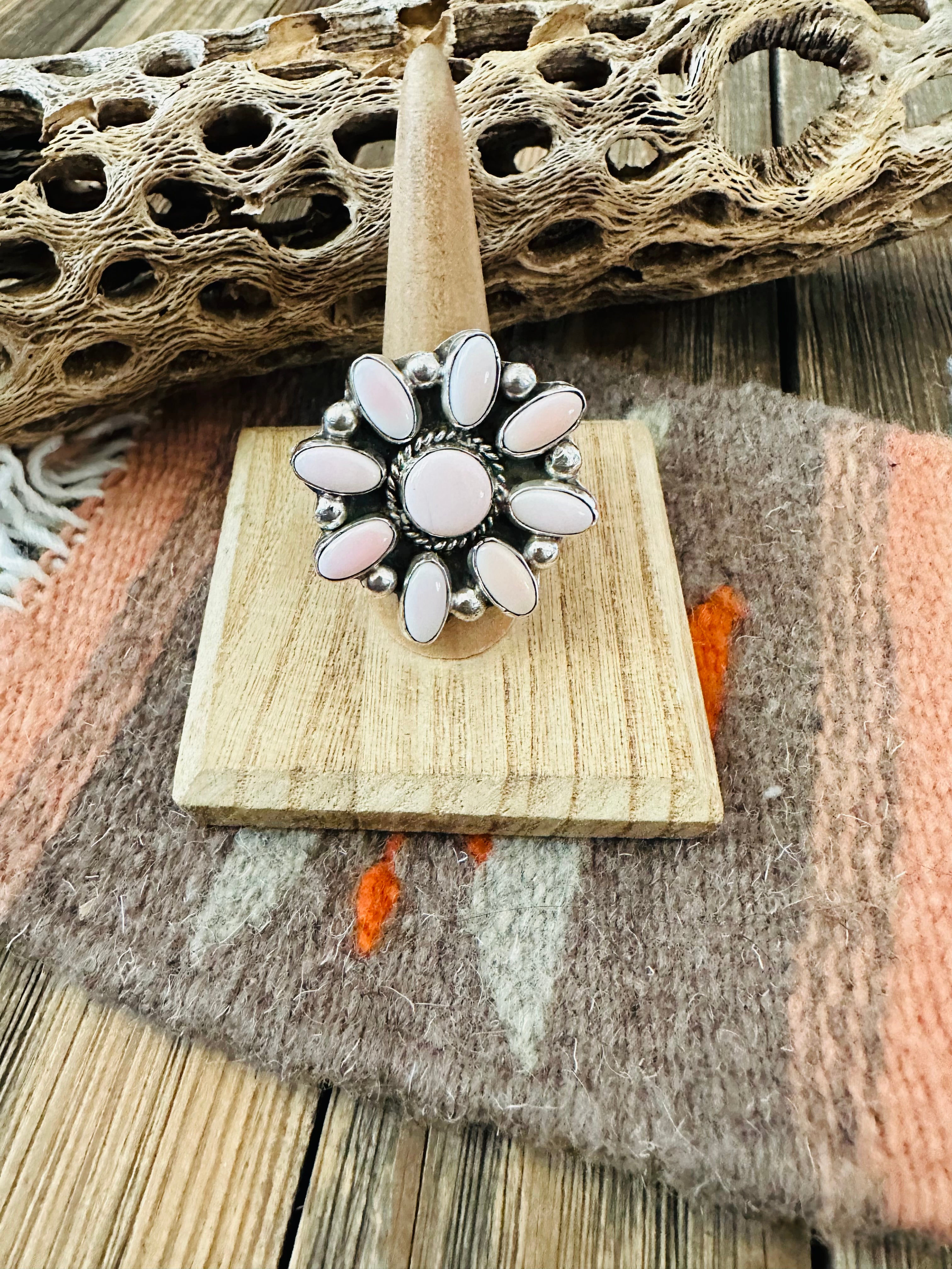 Handcrafted Sterling Silver and Queen Pink Conch Shell Adjustable Flower Ring