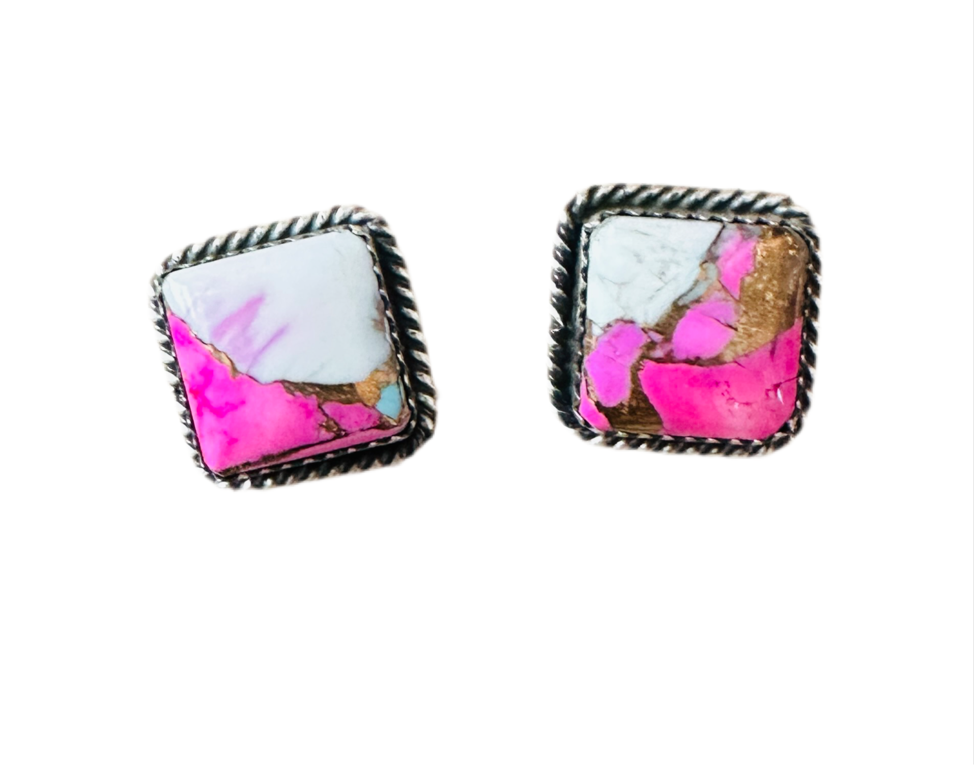 Handcrafted Cotton Candy and Sterling Silver Stud Earrings- Pink