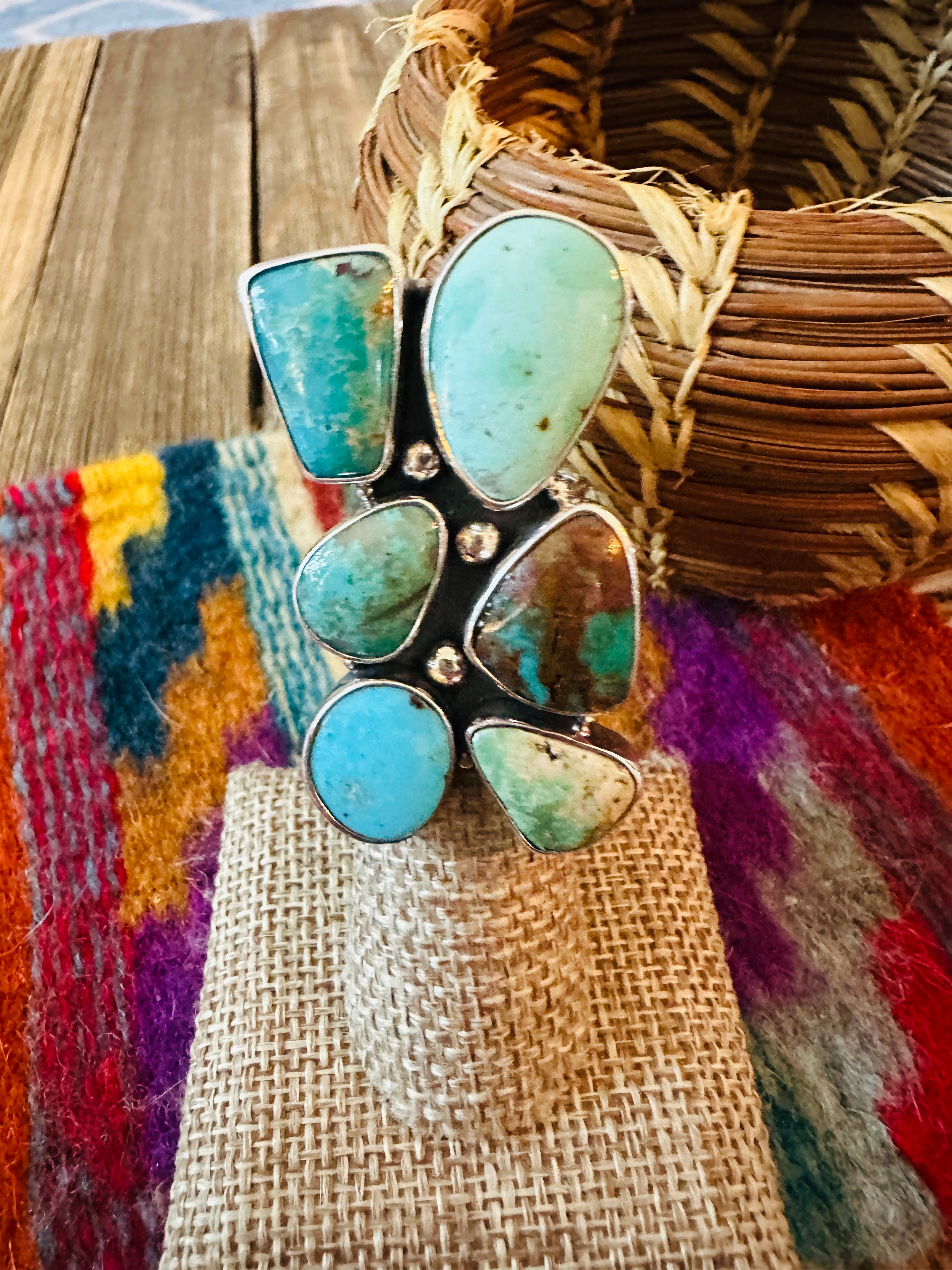 Handcrafted Turquoise & Sterling Silver Cluster Adjustable Ring