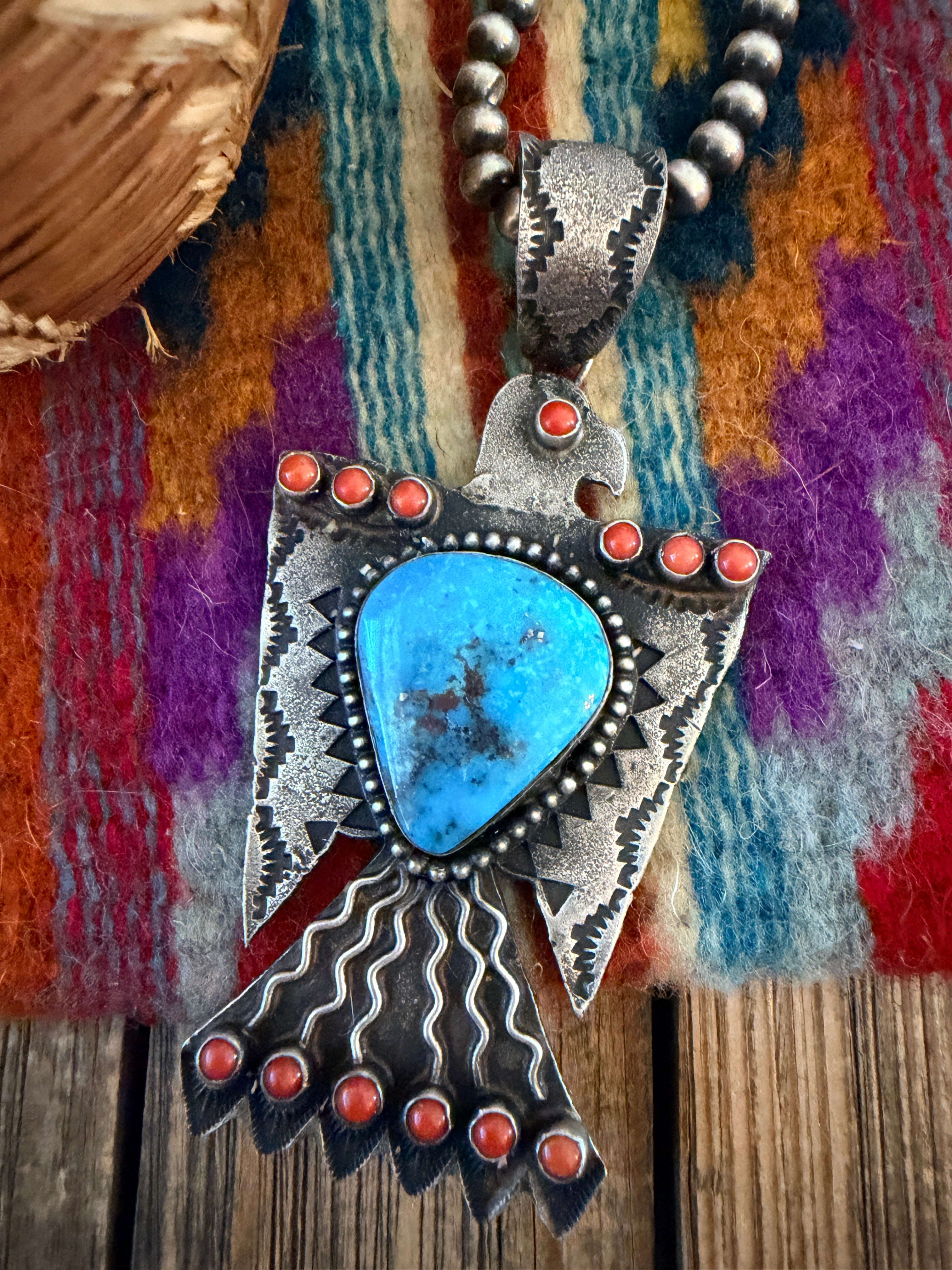 Handcrafted Sterling Silver, Turquoise & Coral Thunderbird Pendant by Shawn Cayatineto