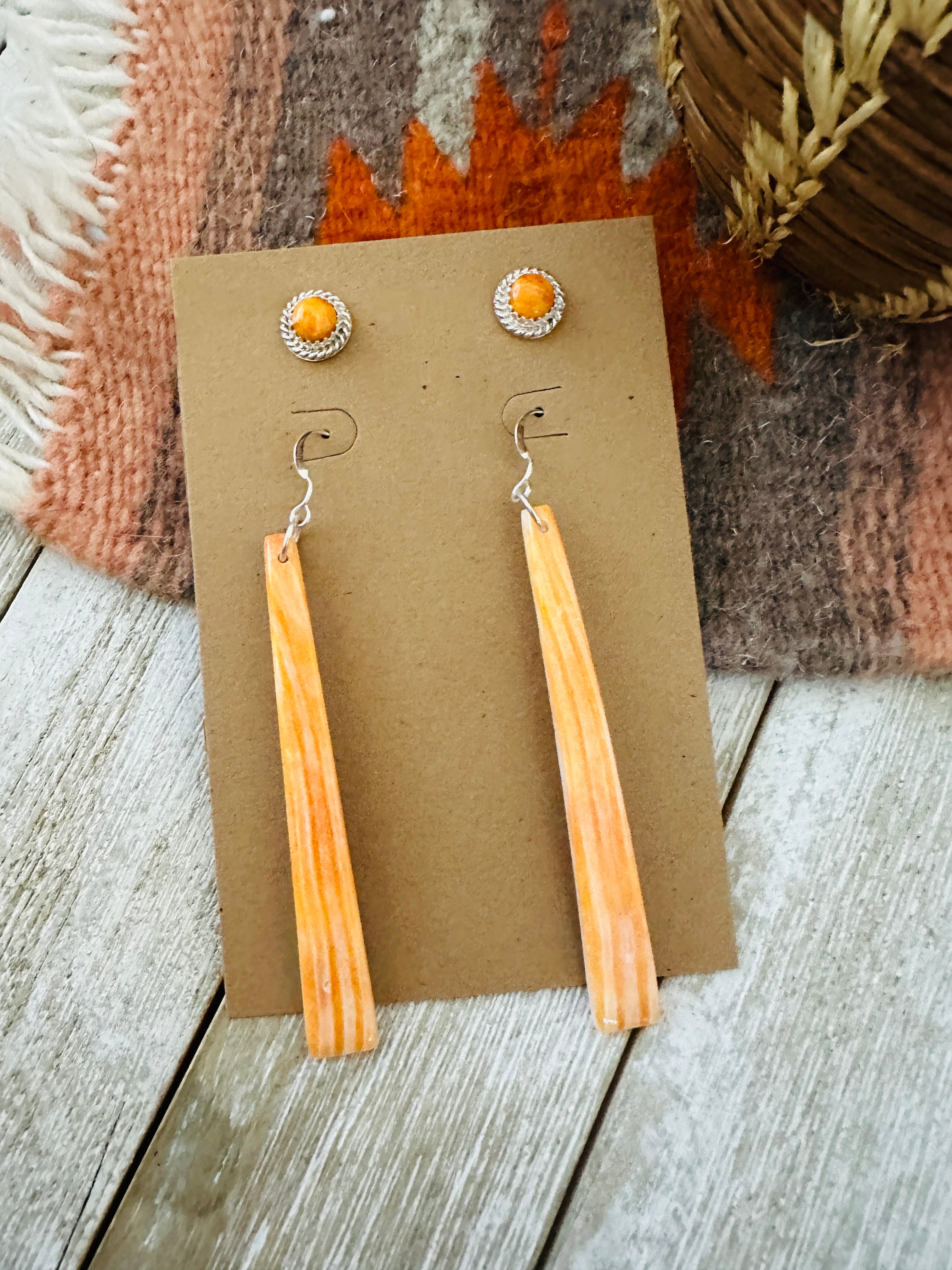 Handcrafted Orange Spiny Slab Dangle & Stud Earring Set