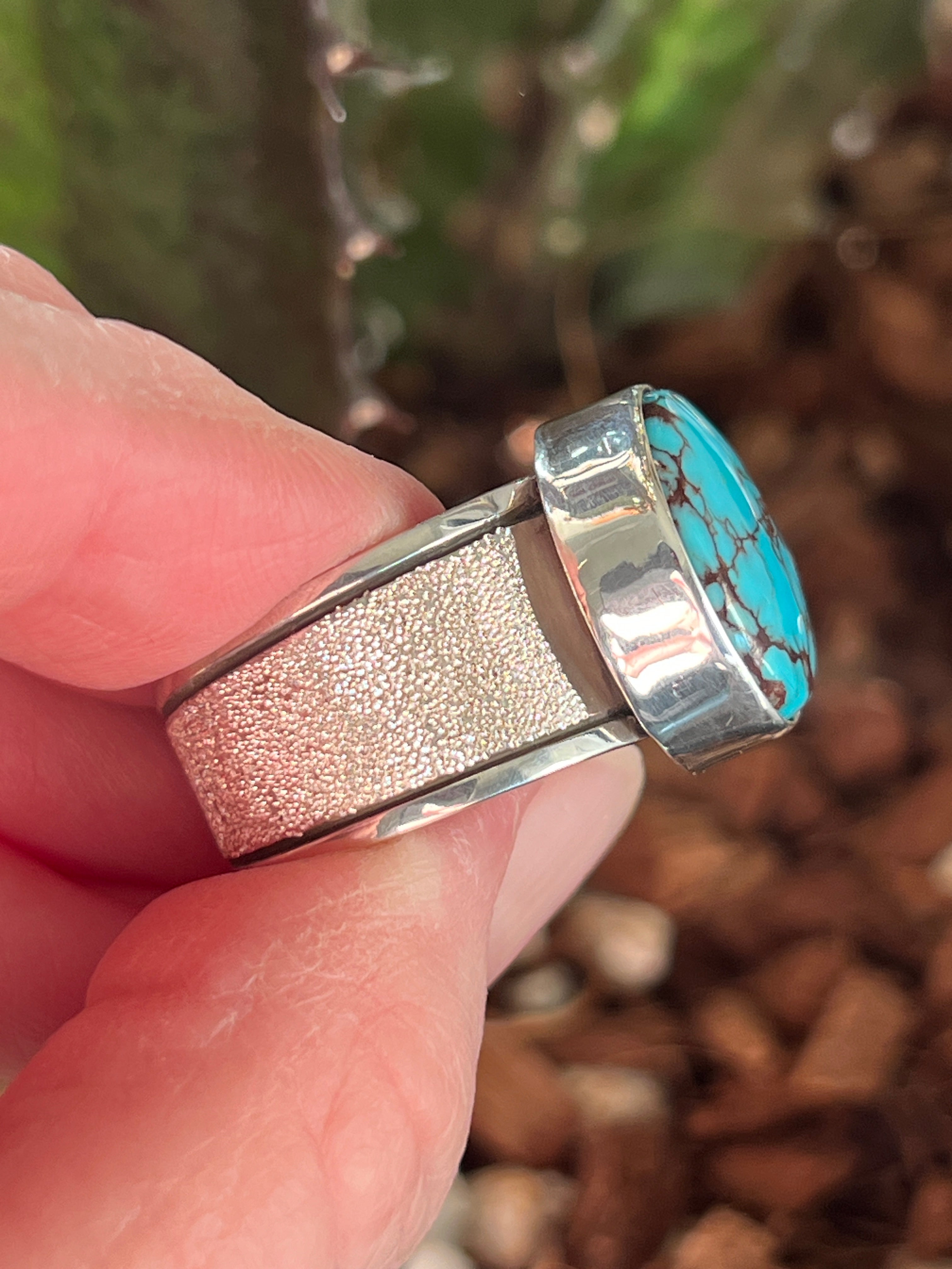 Handcrafted Sterling Silver Wide Shank Ring with Egyptian Turquoise by Shaun Rogers, Size 10.75