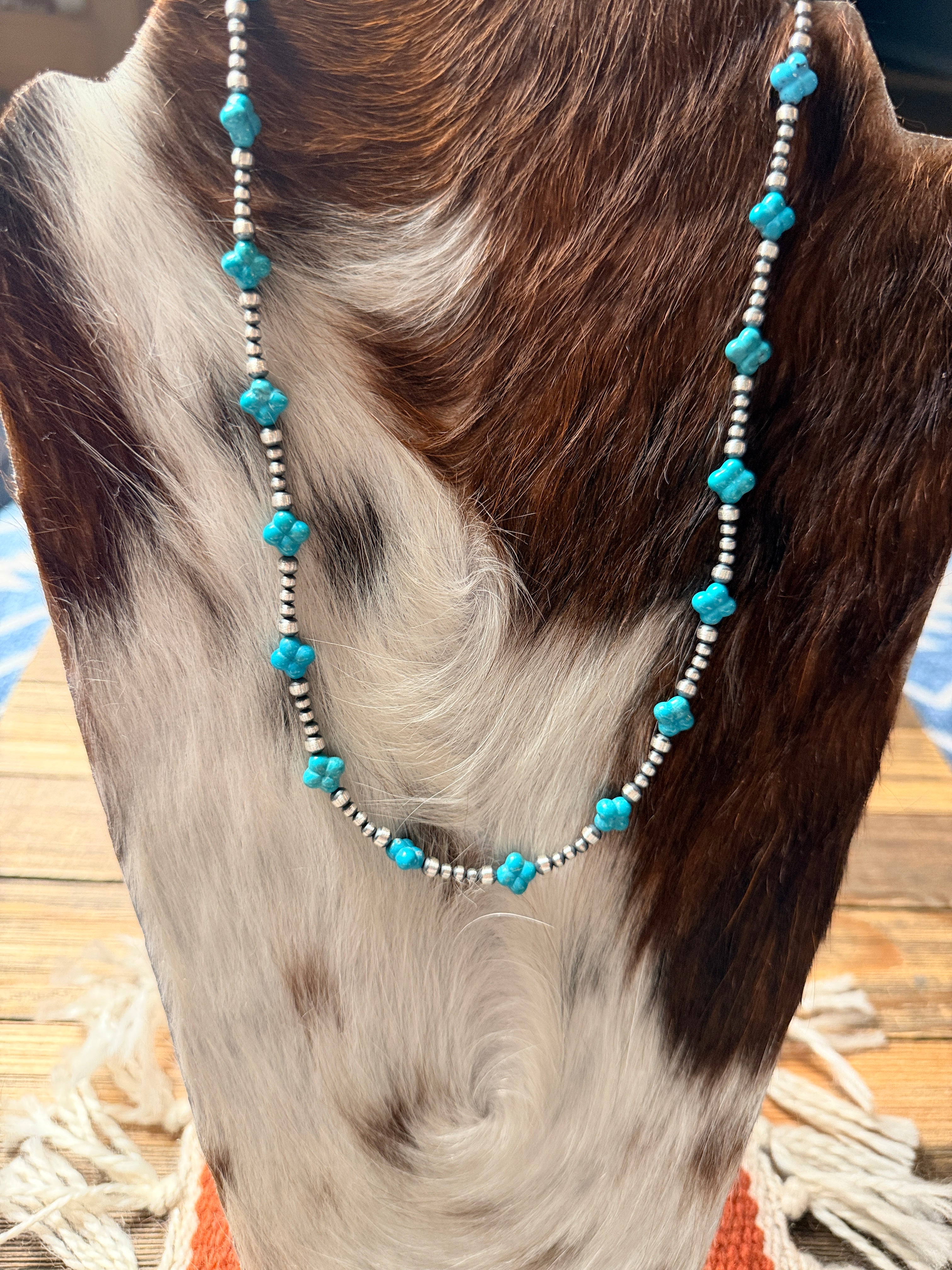 Handcrafted Turquoise & Sterling Silver Pearl 20" Beaded Necklace