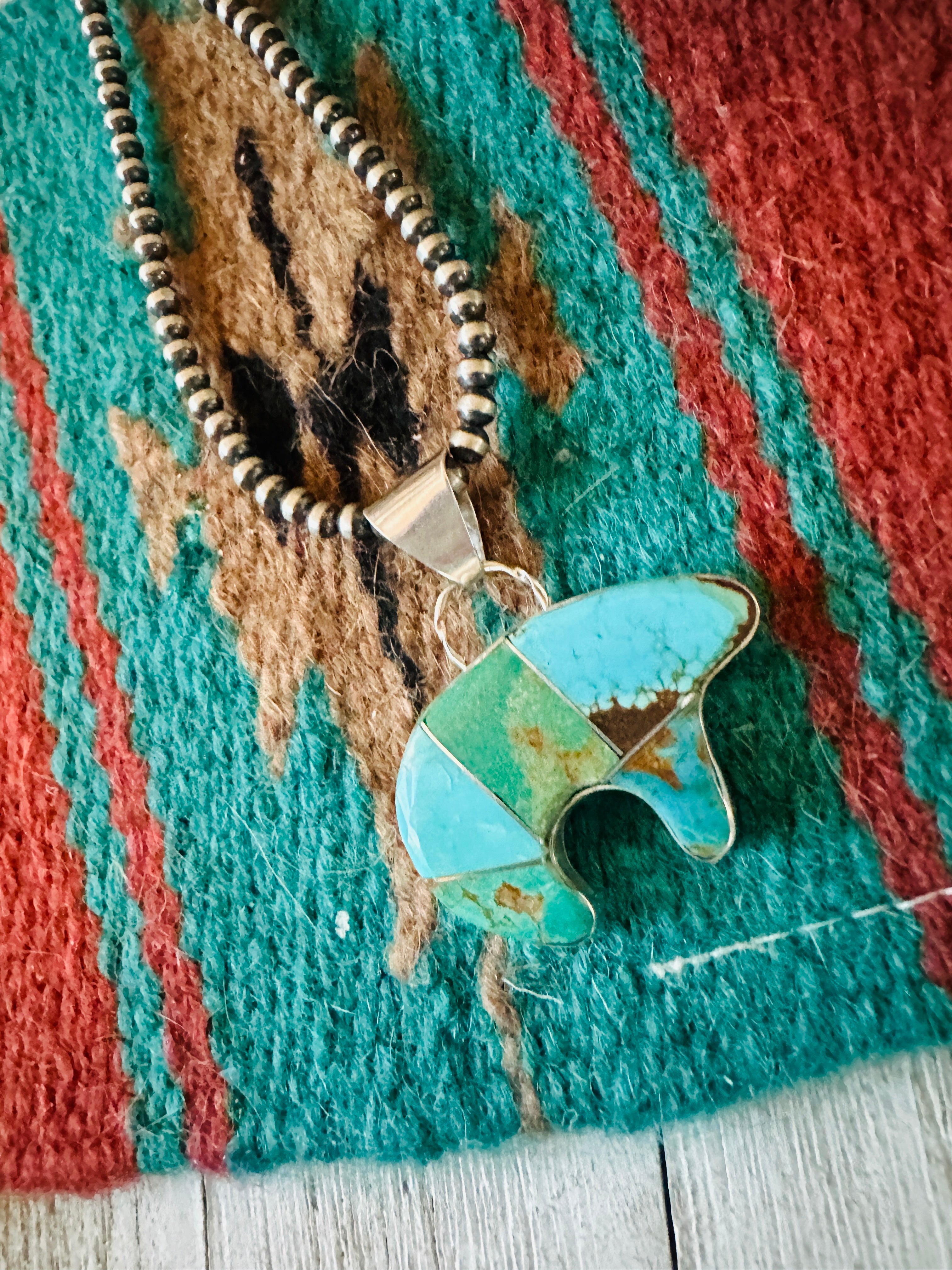 Handcrafted Turquoise & Sterling Silver Inlay Fetish Bear Pendant