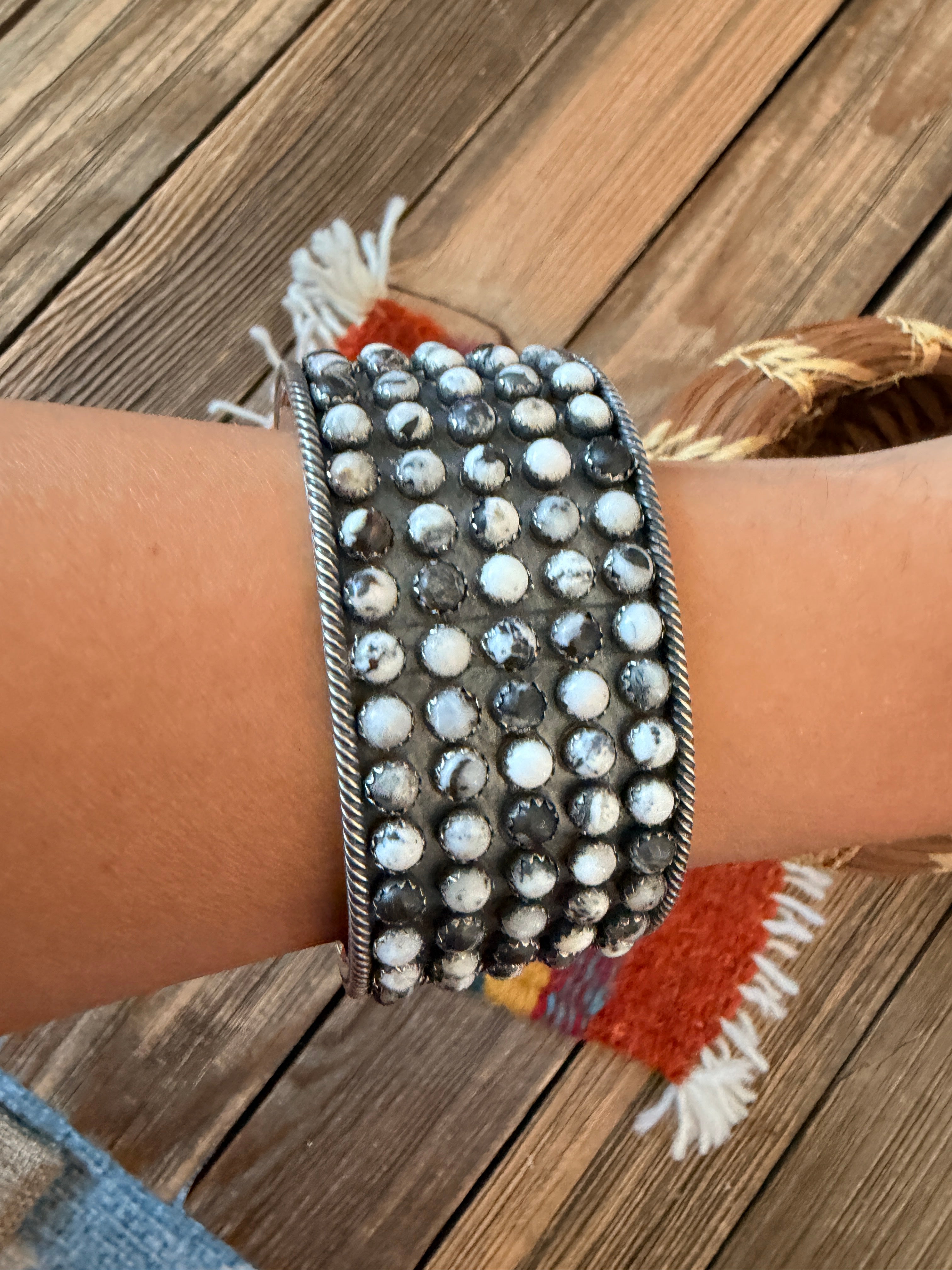 Handcrafted White Buffalo & Sterling Silver Cluster Cuff Bracelet by Paul Livingston