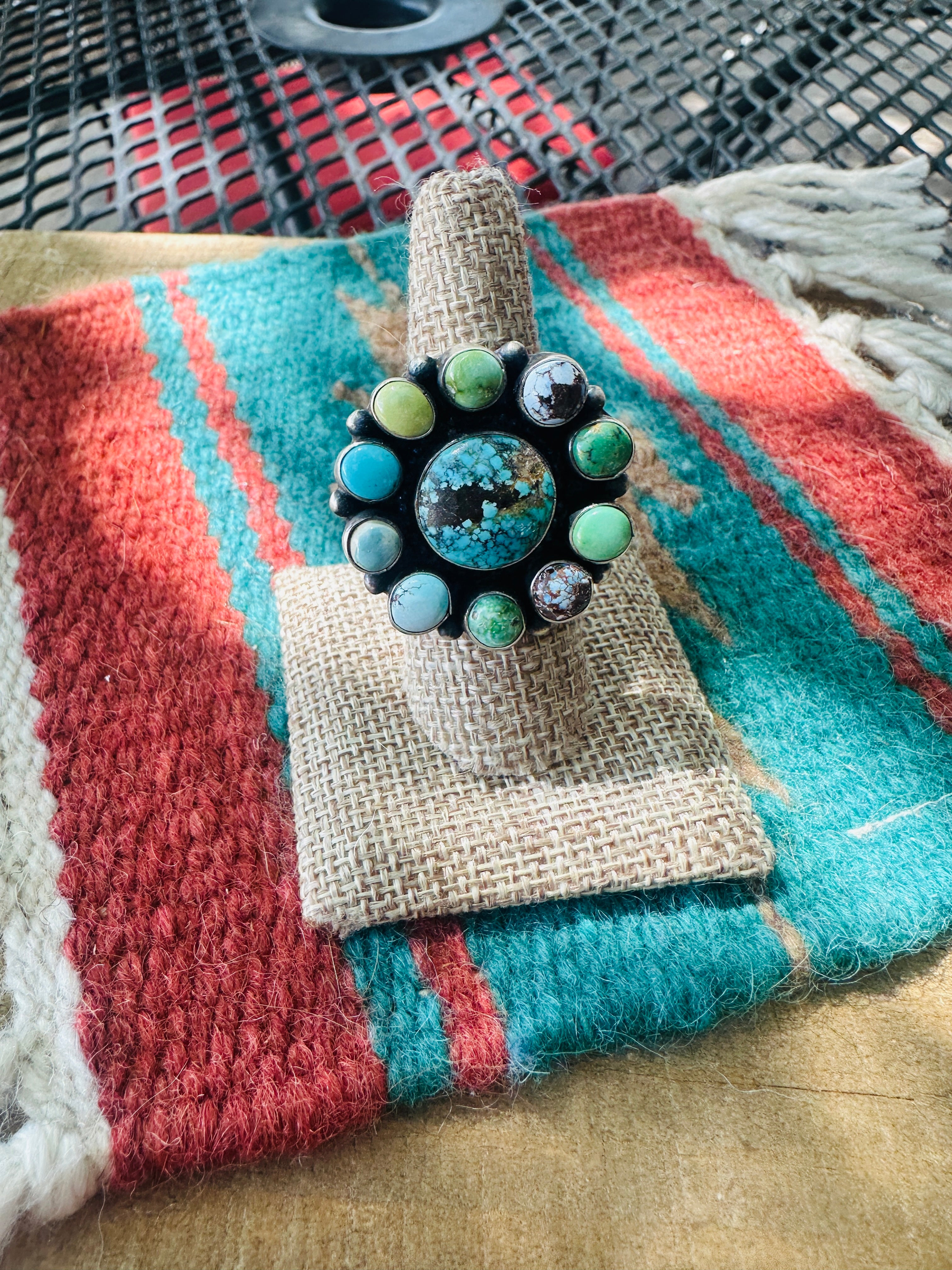 Handcrafted Sterling Silver & Turquoise Cluster Adjustable Ring