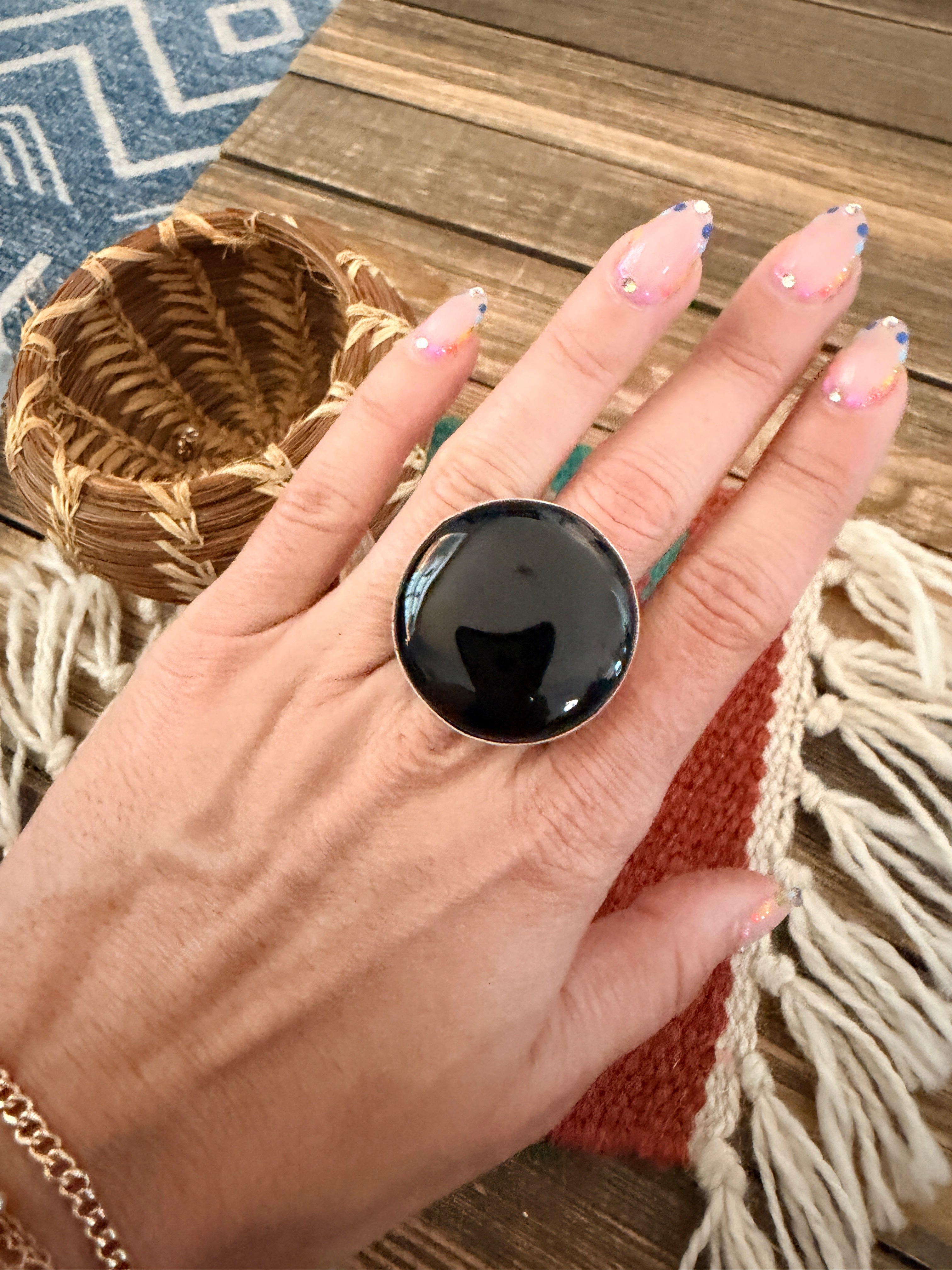 Handcrafted Black Onyx & Sterling Silver Ring Size 7.25