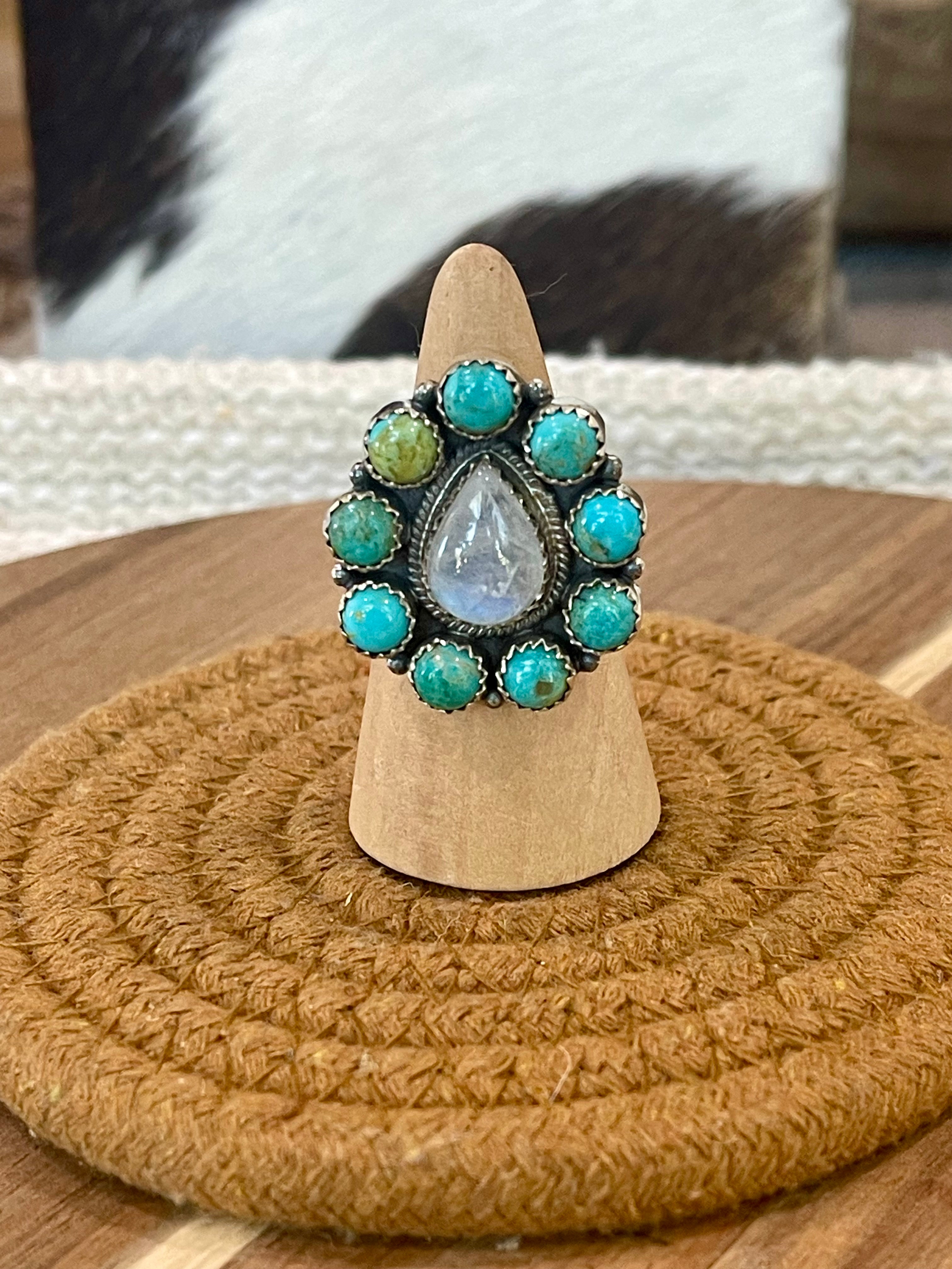 Handcrafted Sterling Silver, Moonstone & Kingman Turquoise Adjustable Ring