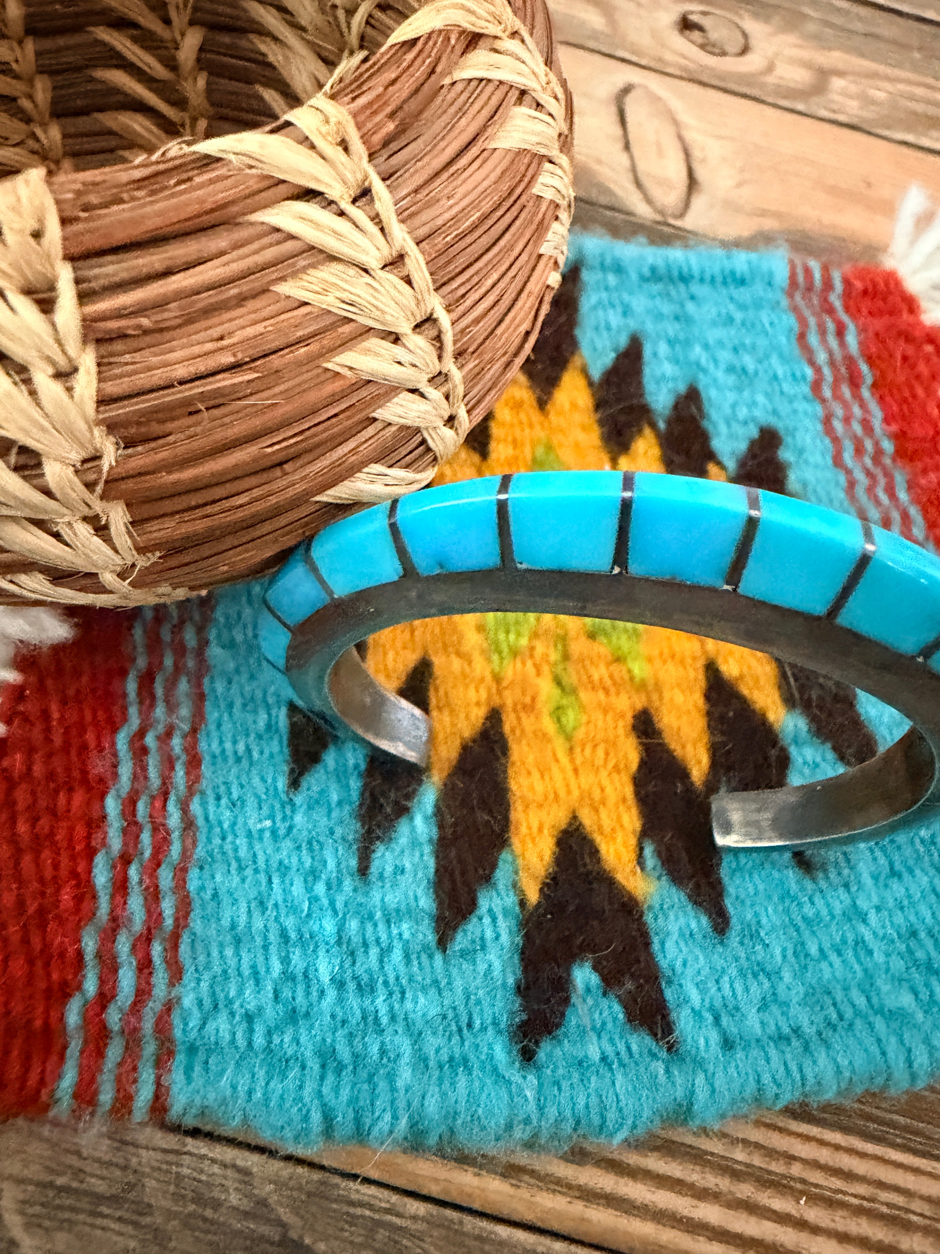 Handcrafted Old Pawn Sterling Silver & Turquoise Raised Inlay Cuff Bracelet