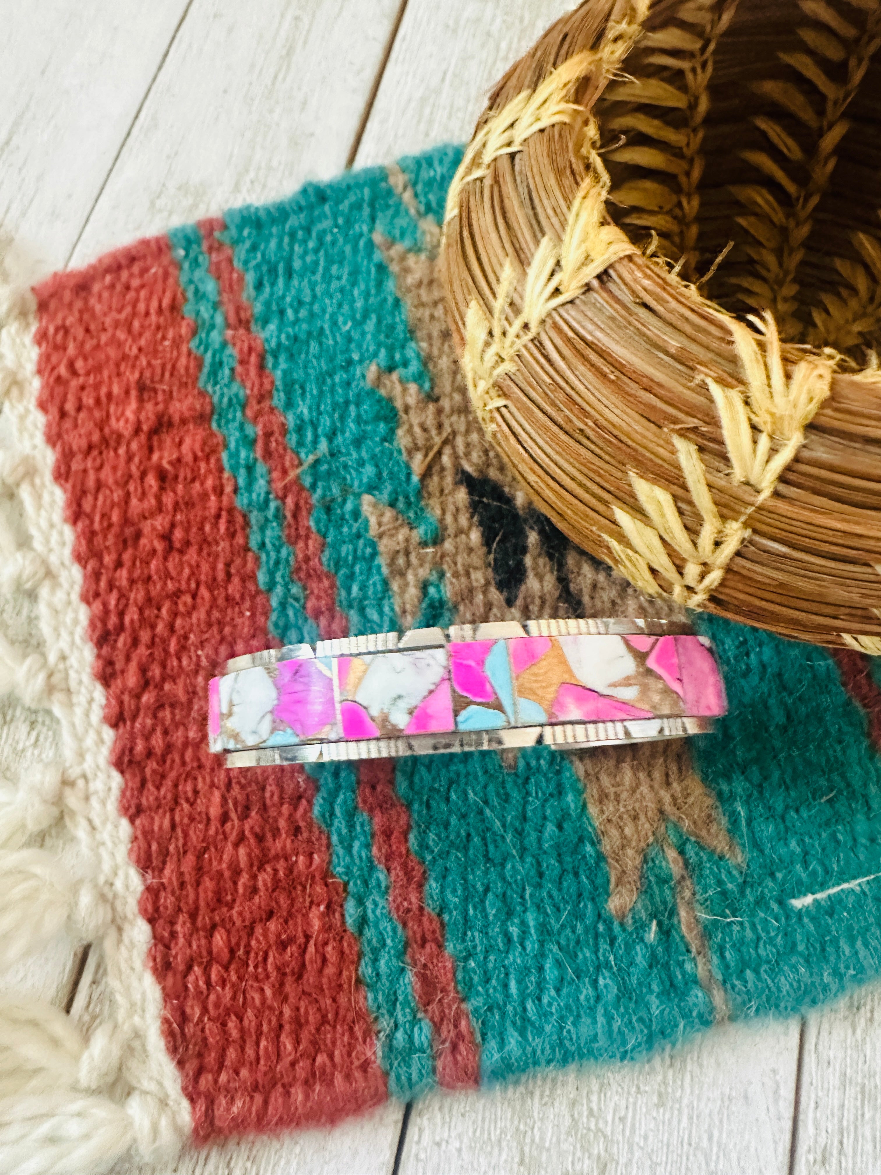 Handcrafted Cotton Candy & Sterling Silver Inlay Cuff Bracelet