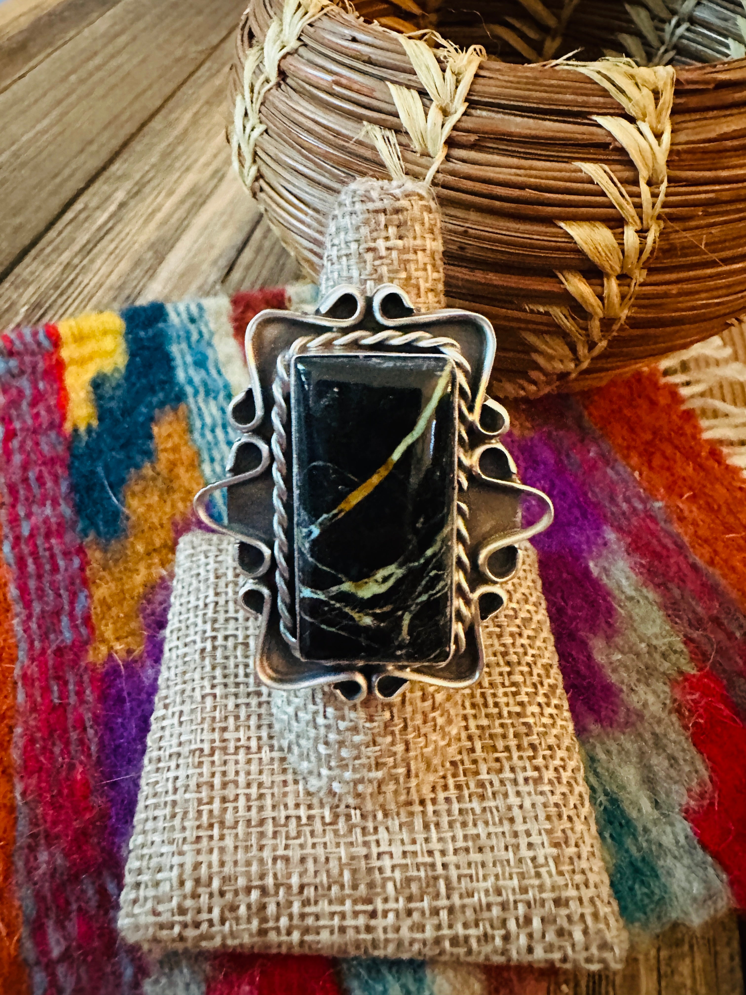 Handcrafted Blackjack Turquoise & Sterling Silver Ring Size 7.25