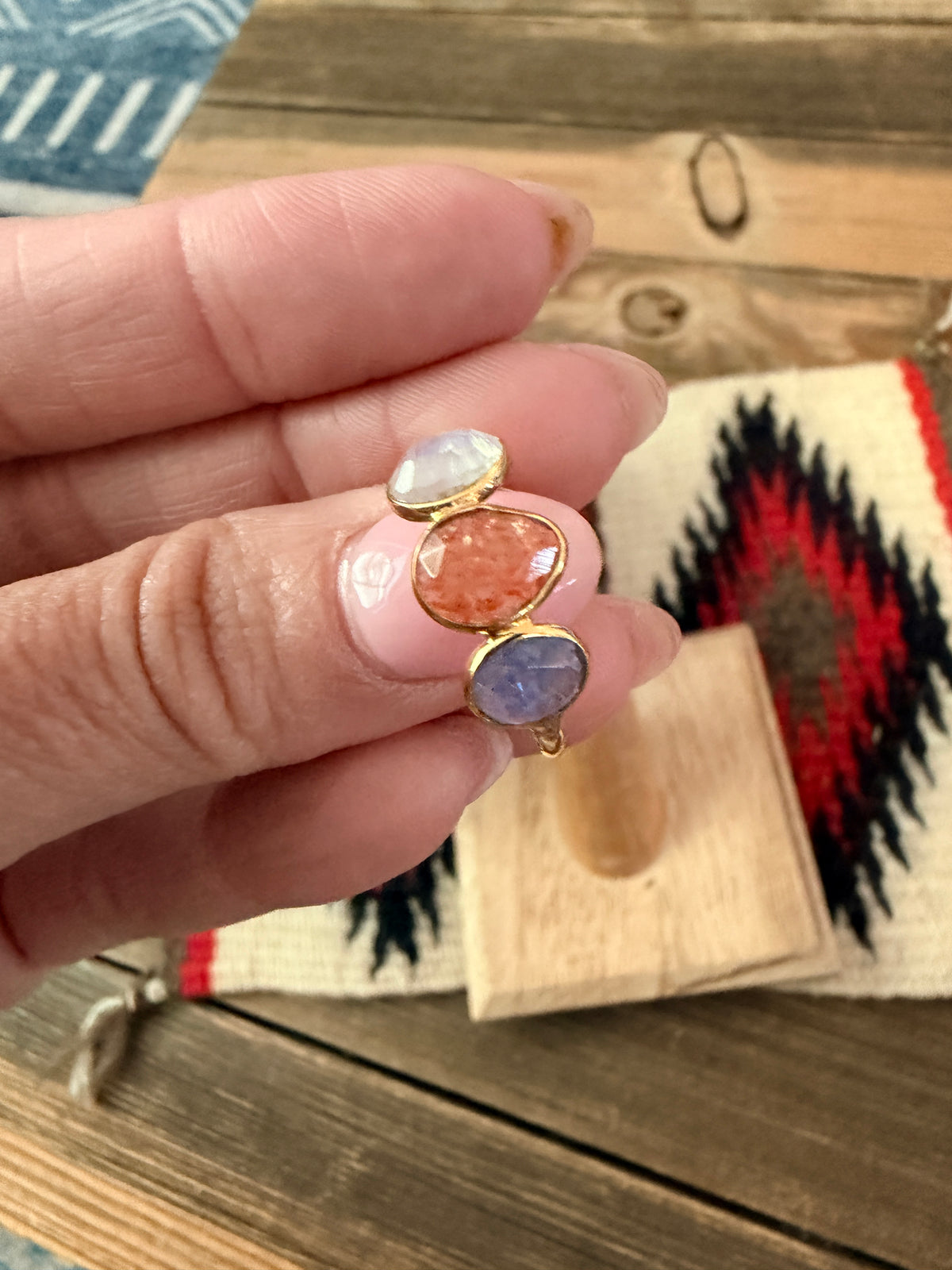 Handmade 18K Gold Vermeil Sterling Silver & Multi Stone Ring Size 8