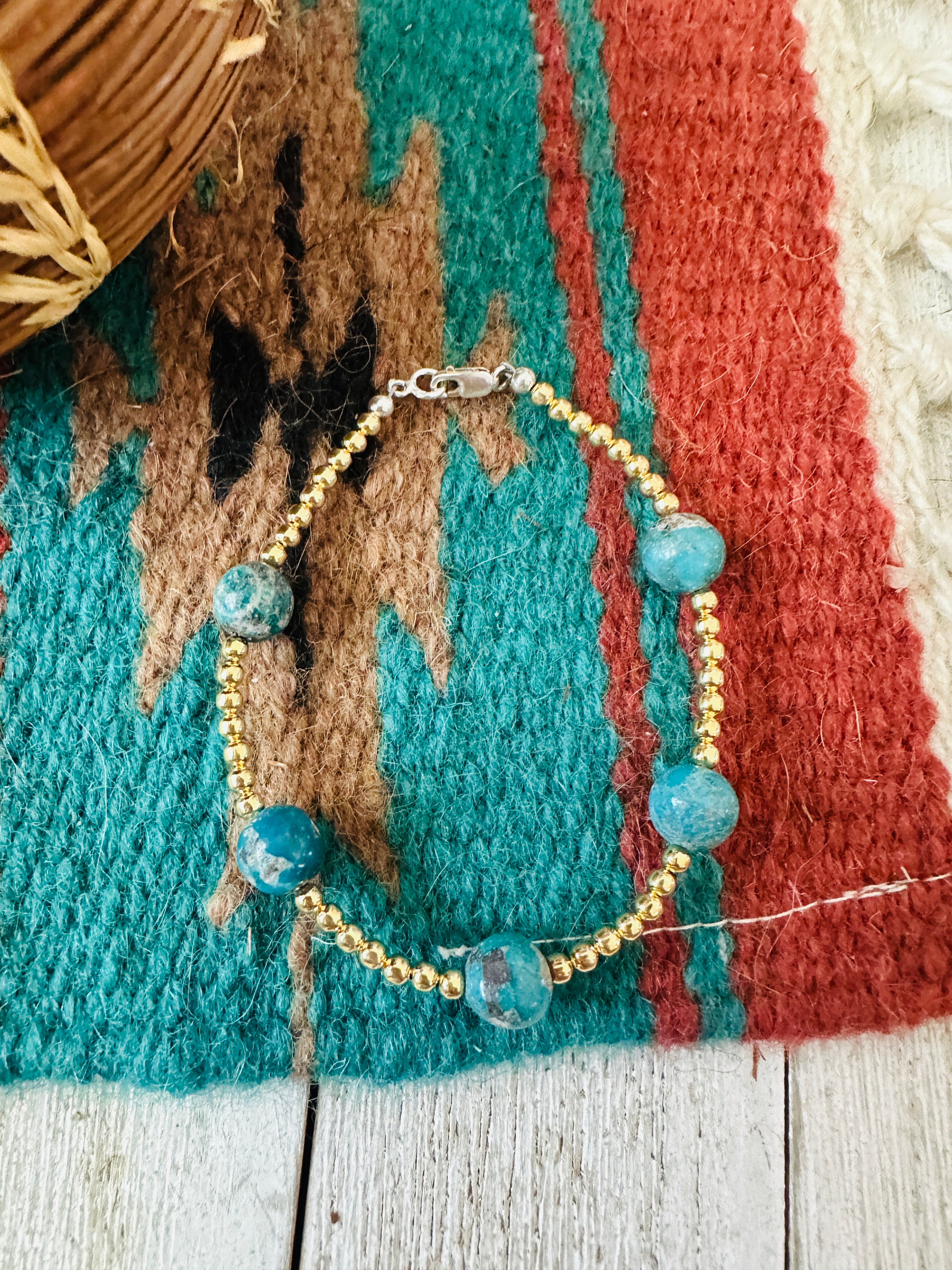Handcrafted Gold Plated Sterling Silver Pearl & Turquoise Beaded Bracelet