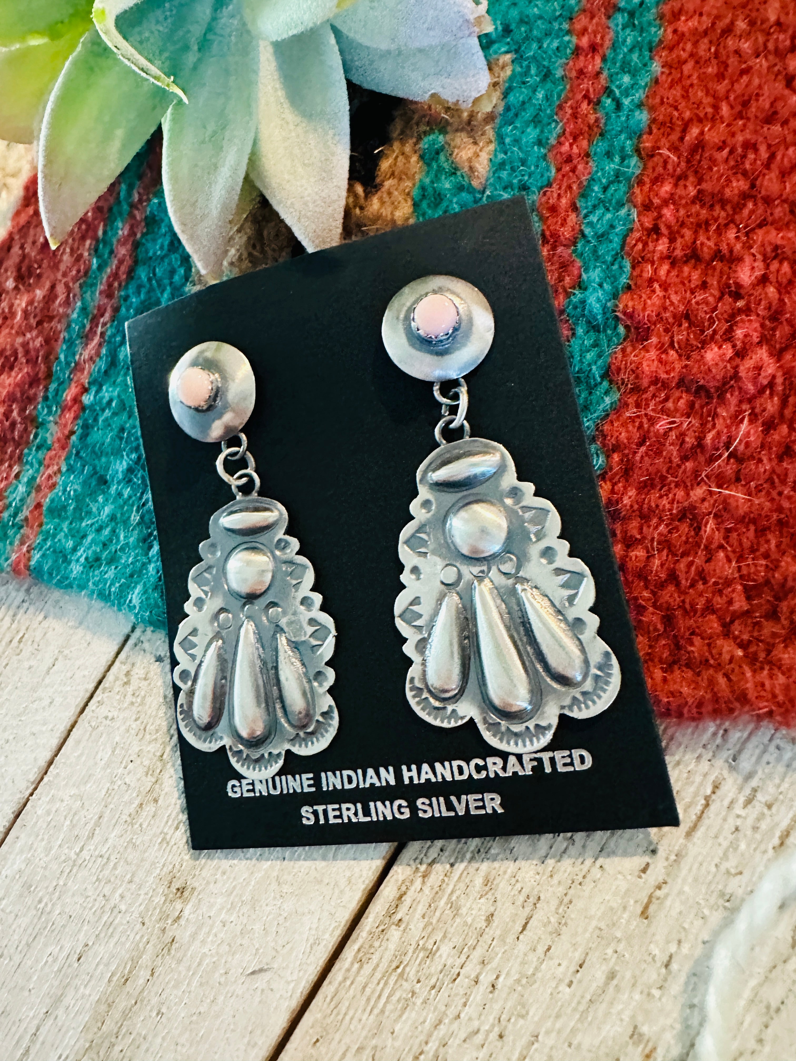 Handcrafted Queen Pink Conch & Sterling Silver Concho Dangle Earrings