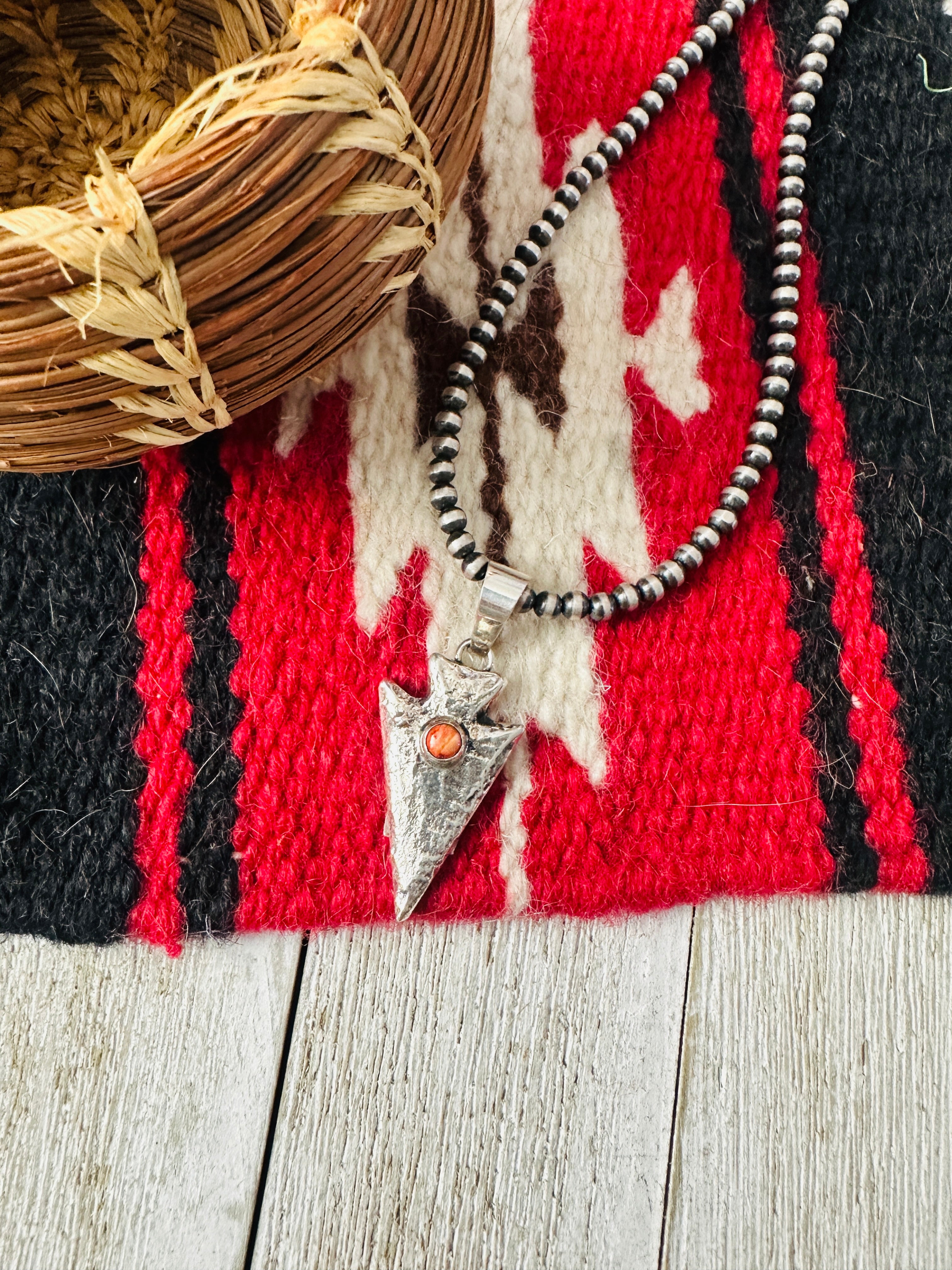 Handcrafted Sterling Silver and Orange Spiny Arrowhead Pendant by Charles Johnson