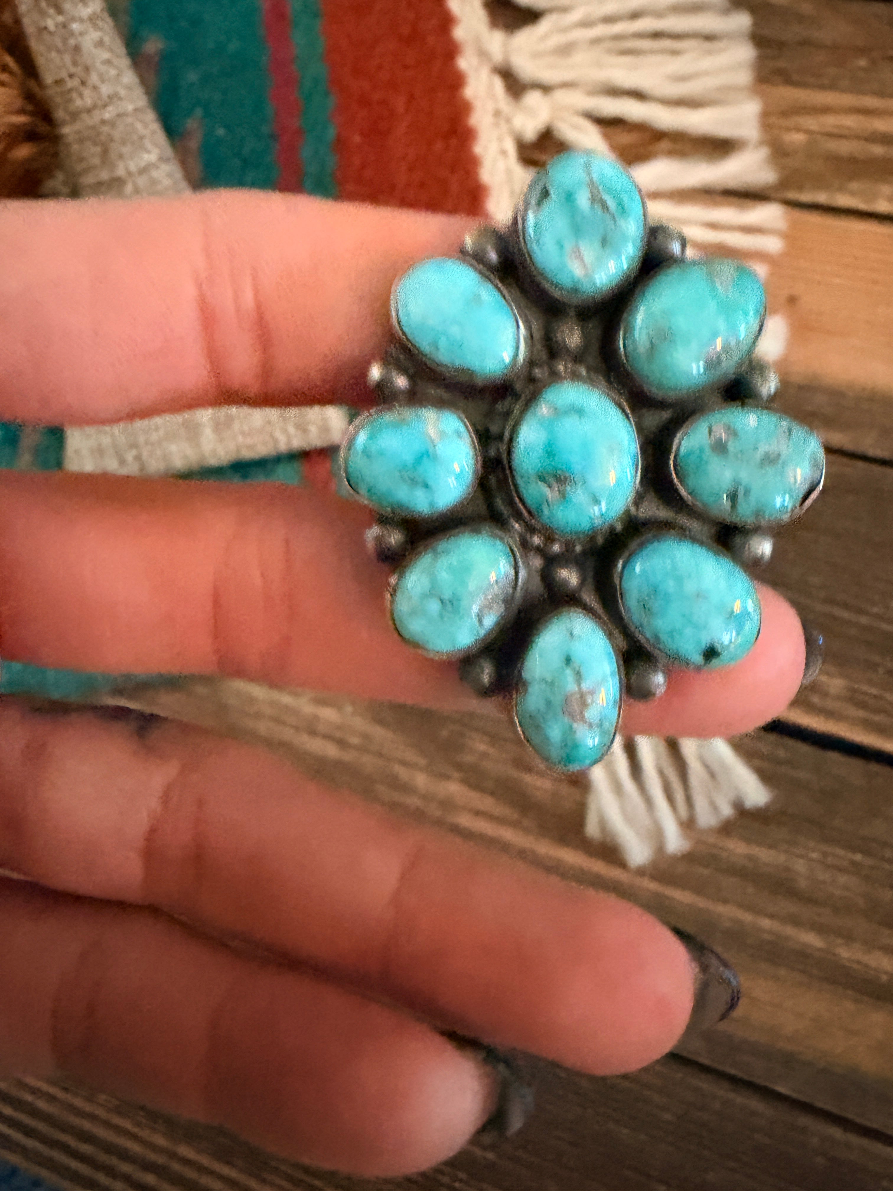 Handcrafted Turquoise & Sterling Silver Cluster Ring by Sheila Becenti Size 9.5
