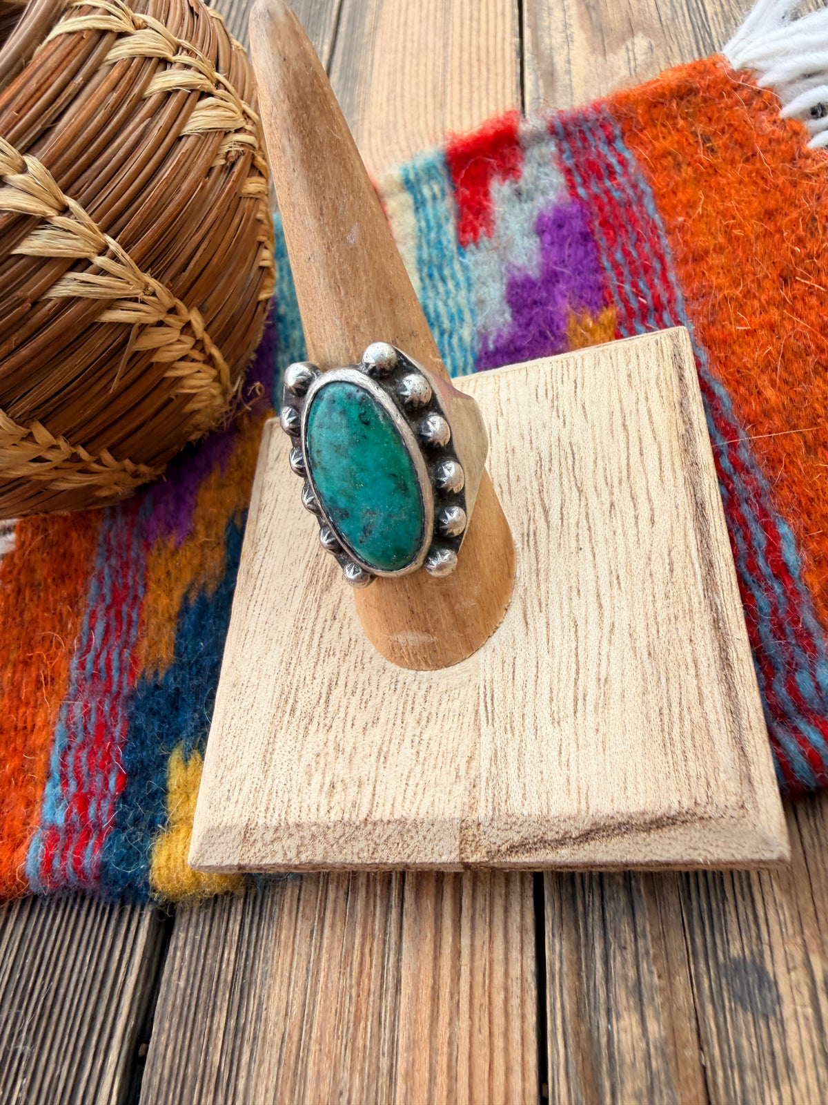 Old Pawn Handcrafted Turquoise & Sterling Silver Ring Size 8