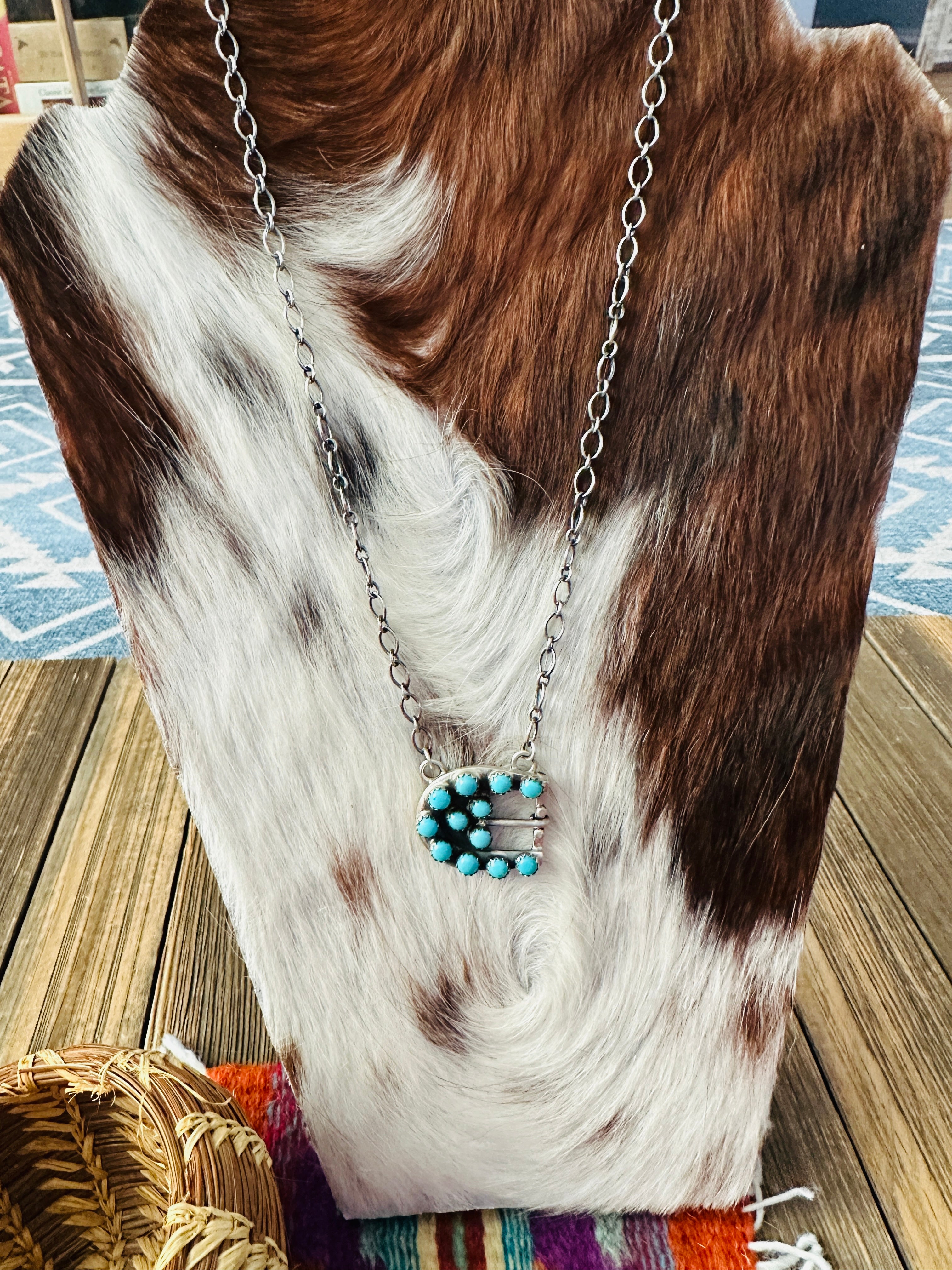 Handcrafted Turquoise & Sterling Silver Belt Buckle Necklace by Russell Sam