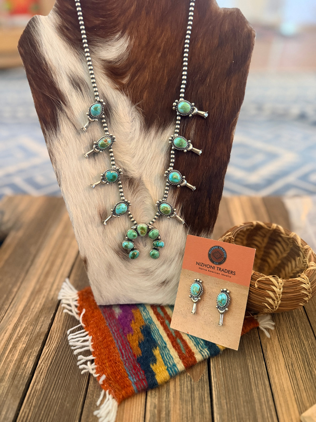 Handcrafted Sonoran Mountain Turquoise & Sterling Silver Squash Blossom Necklace and Earring Set by Larry Kaye
