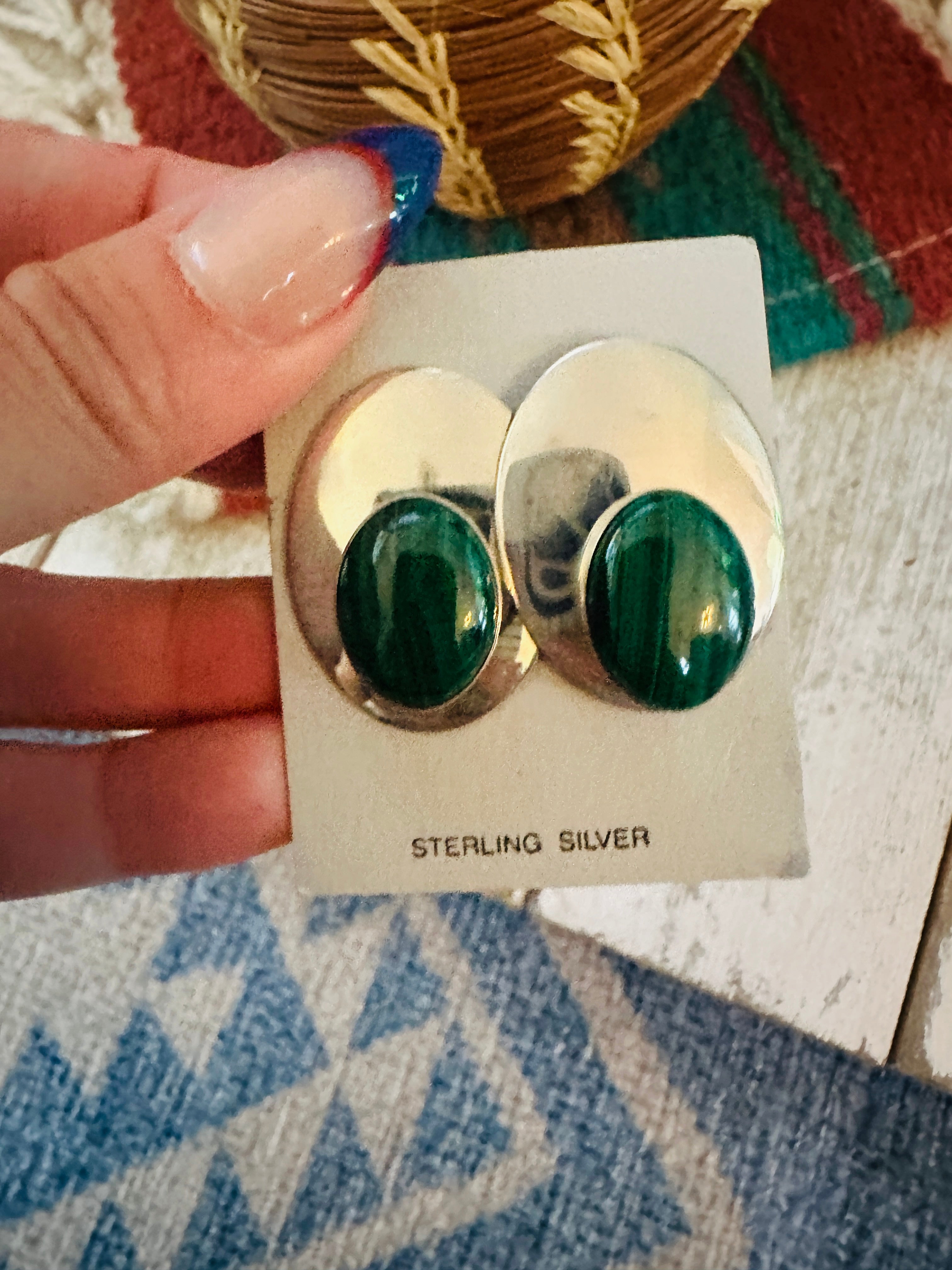 Handcrafted Malachite & Sterling Silver Clip On Earrings