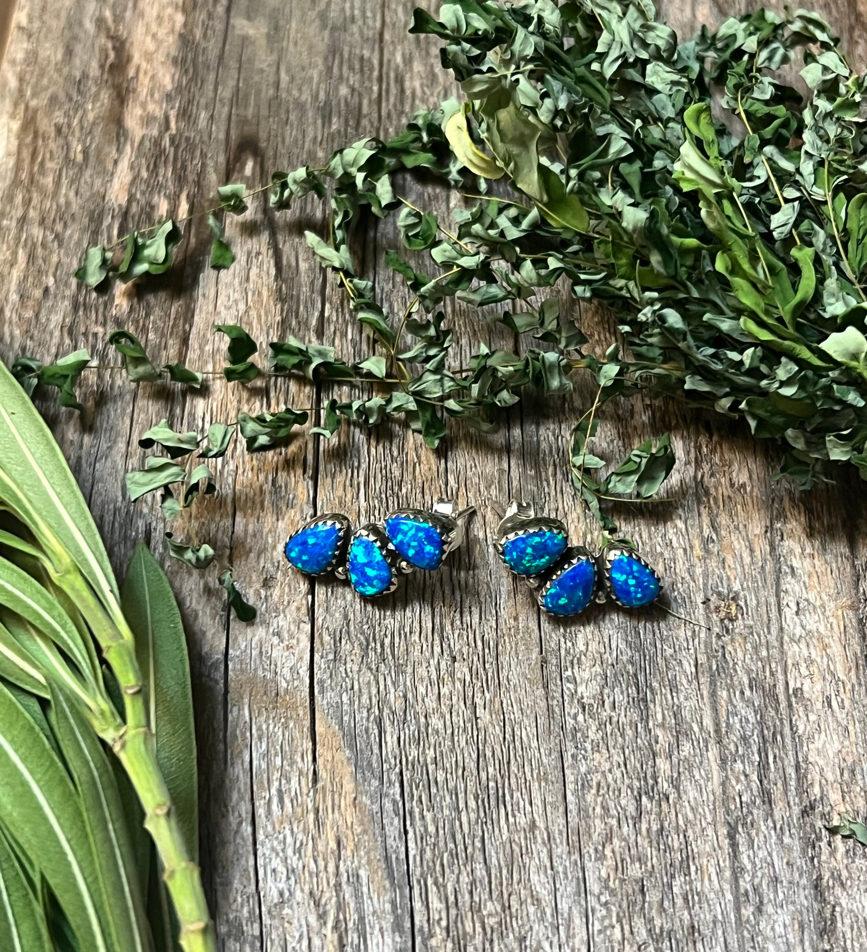 Handmade Blue Opal Tear Drop & Sterling Silver Stud Earrings