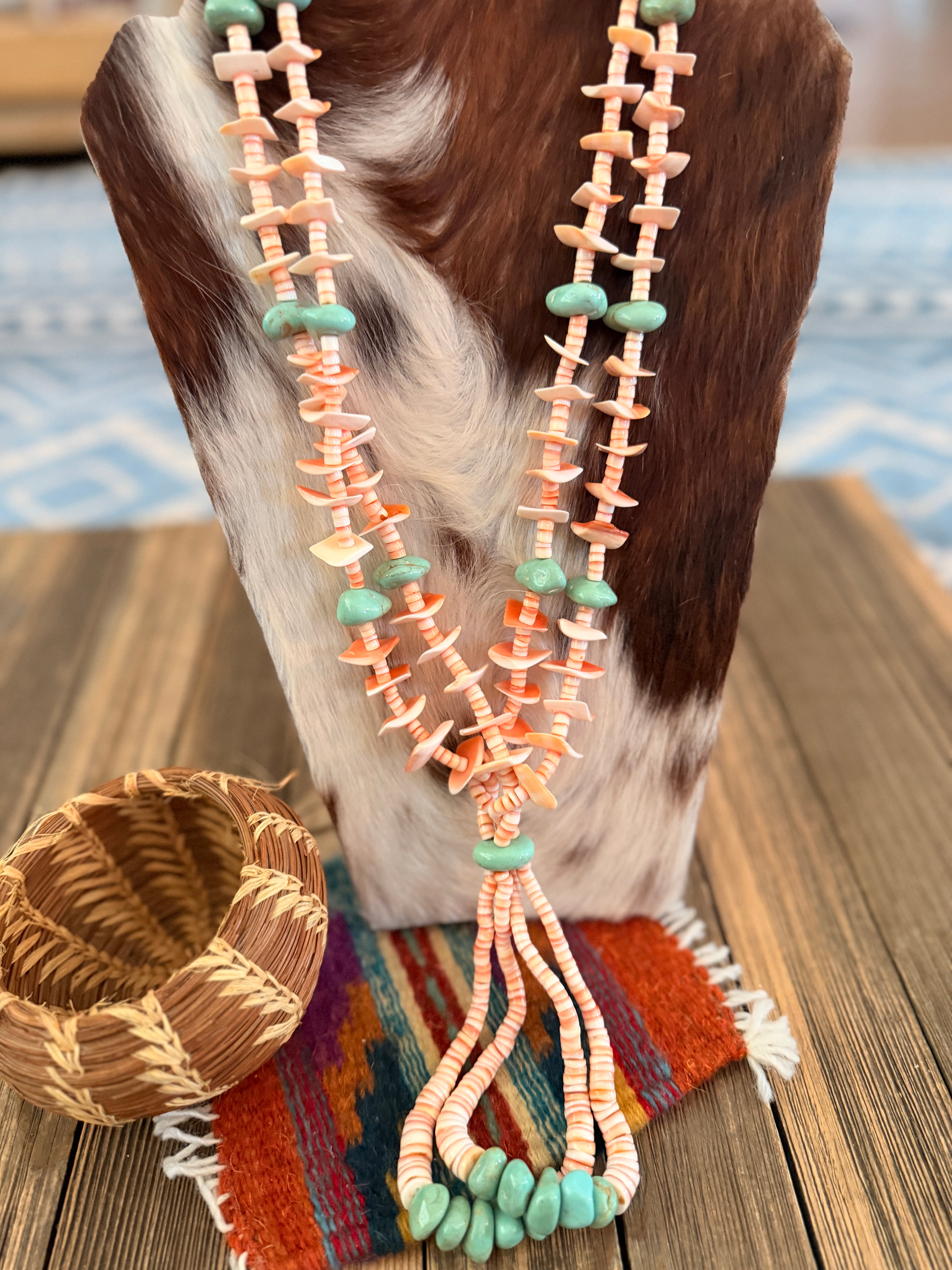 Old Pawn Handcrafted Turquoise & Spiny Oyster Heishi Beaded 28” Jacla Necklace